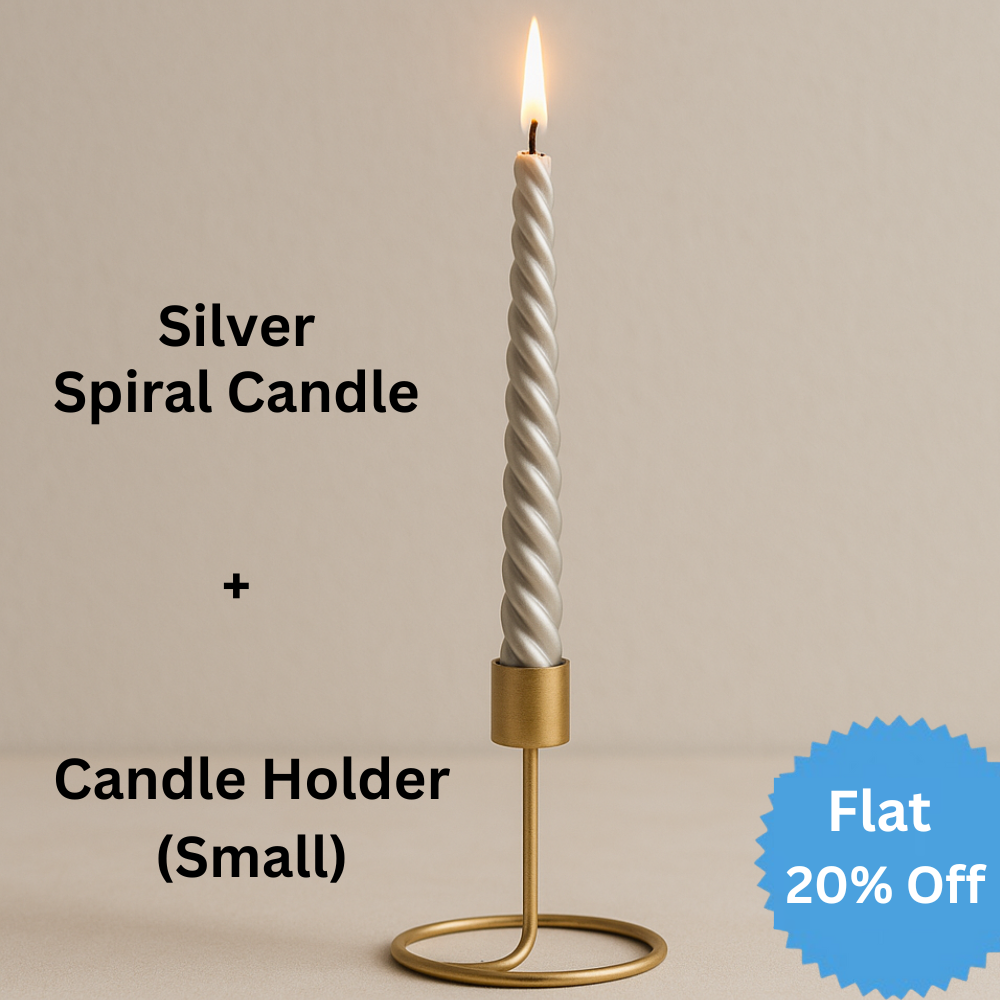 Silver Spiral Candle & Metal Candlestick Holder (Small) Combo