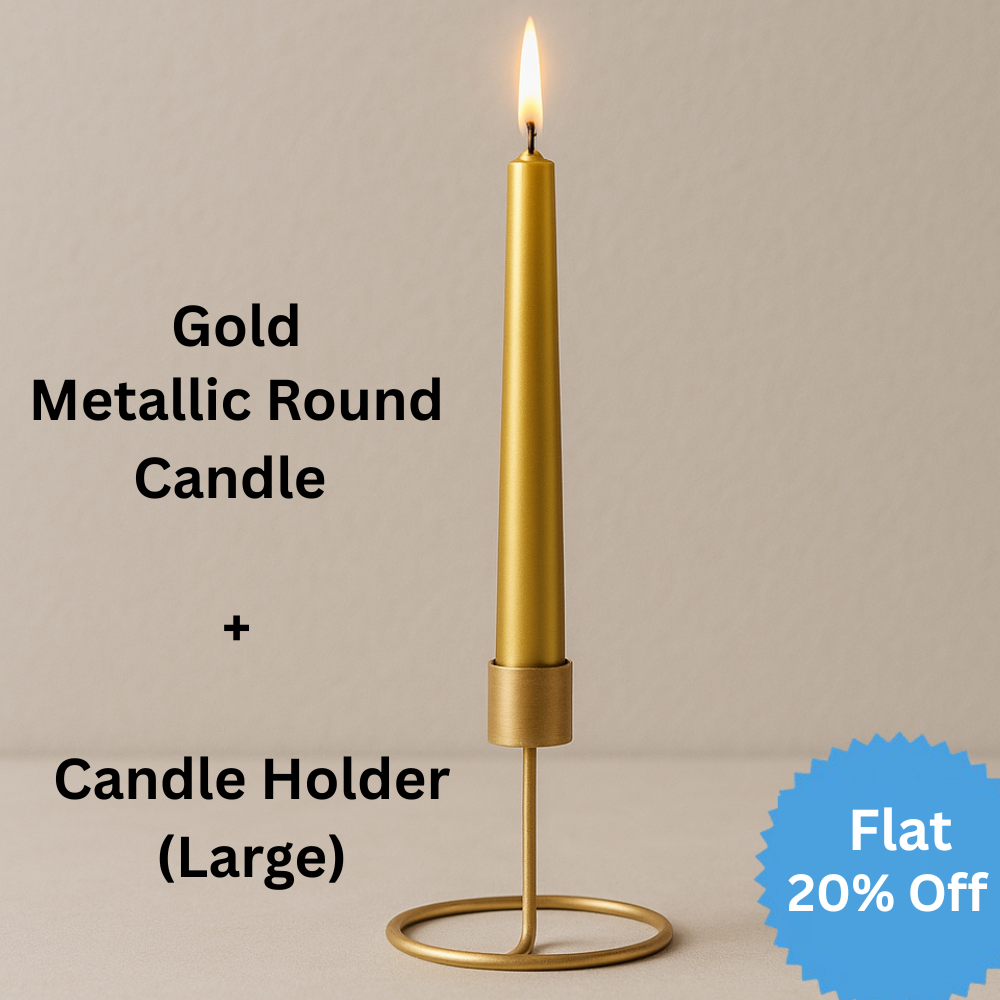 Metallic Round Candle Gold & Metal Candlestick Holder (Large) Combo