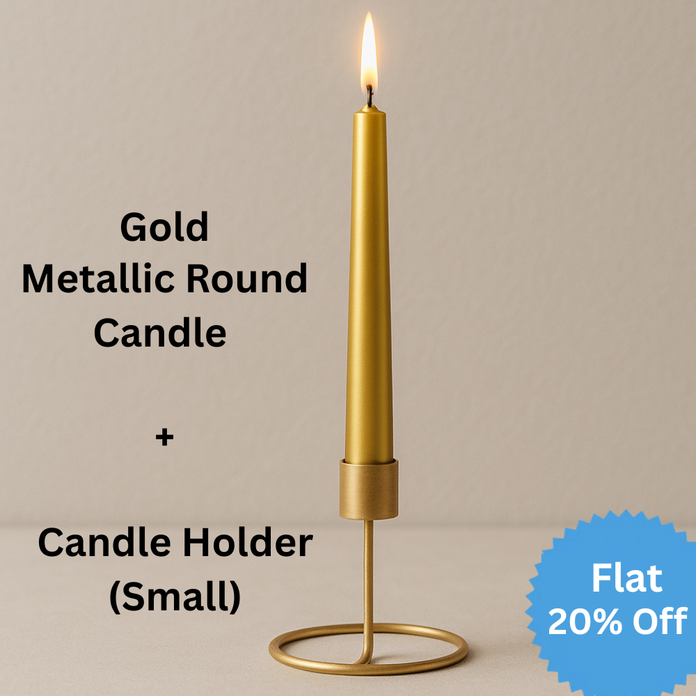Metallic Round Candle Gold & Metal Candlestick Holder (Small) Combo