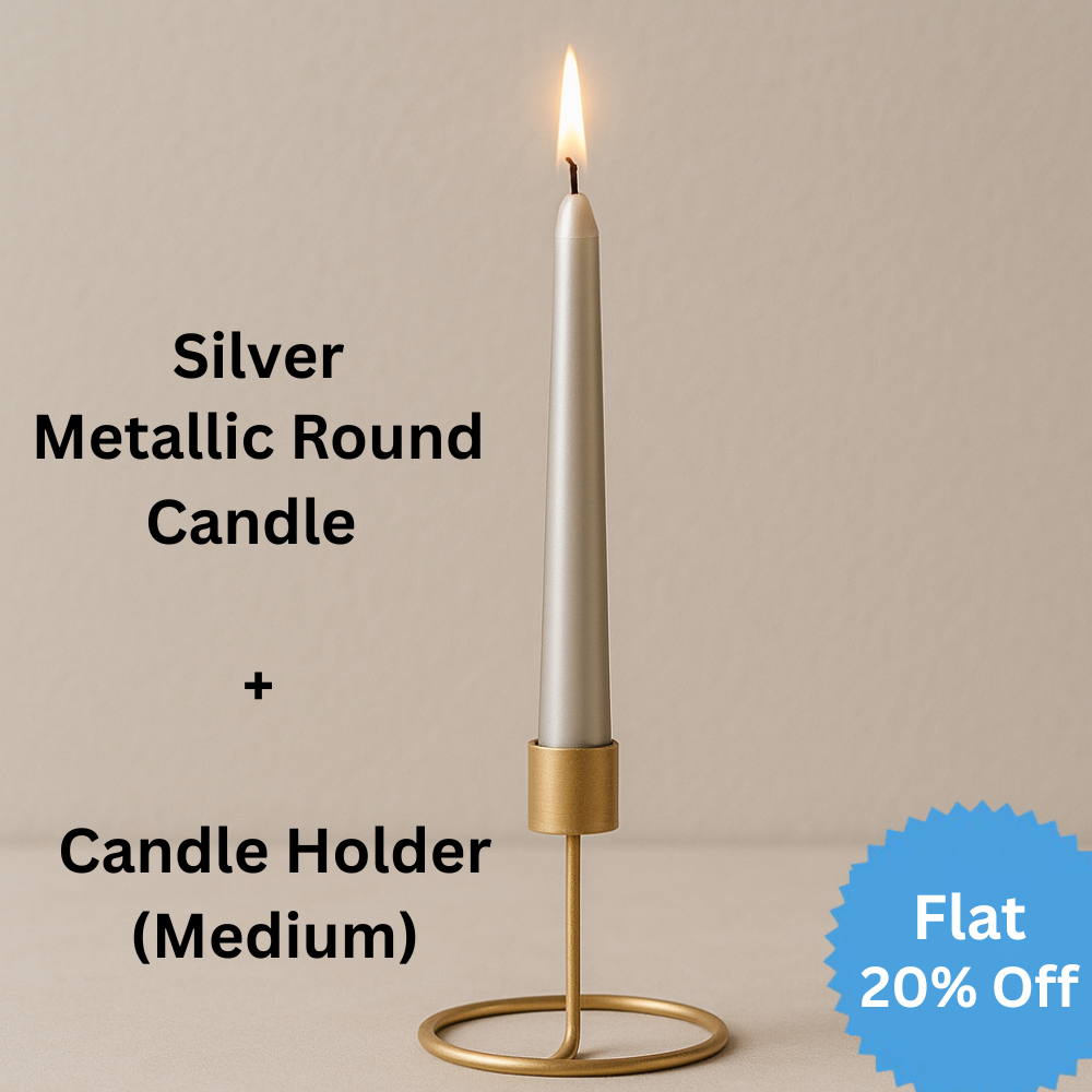 Metallic Round Candle Silver & Metal Candlestick Holder (Medium) Combo