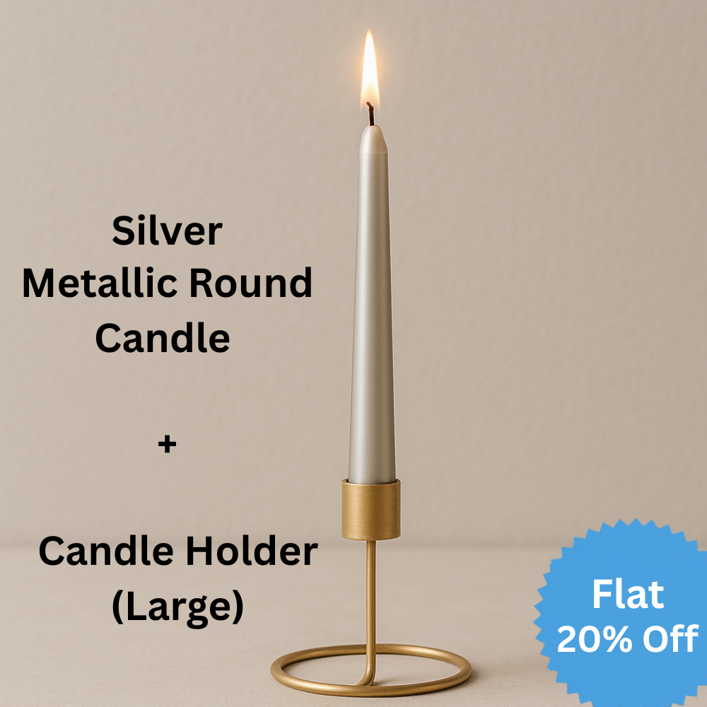Metallic Round Candle Silver & Metal Candlestick Holder (Large) Combo