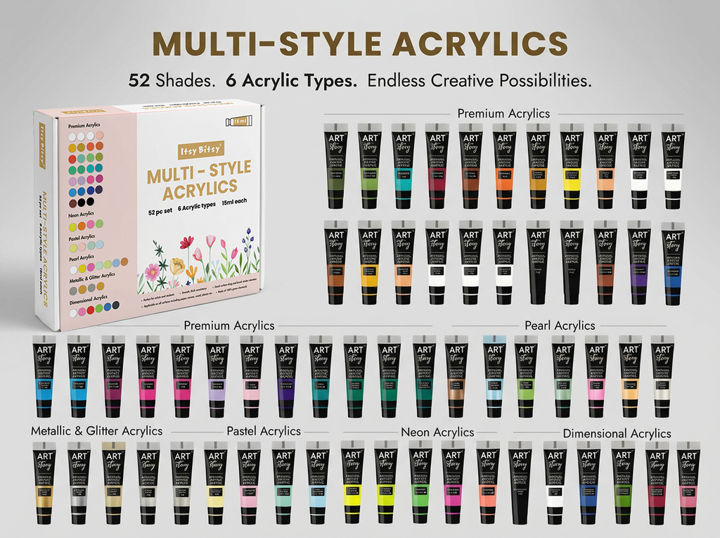 Multi Style Acrylics Set 52 Colors X 15ml each Box