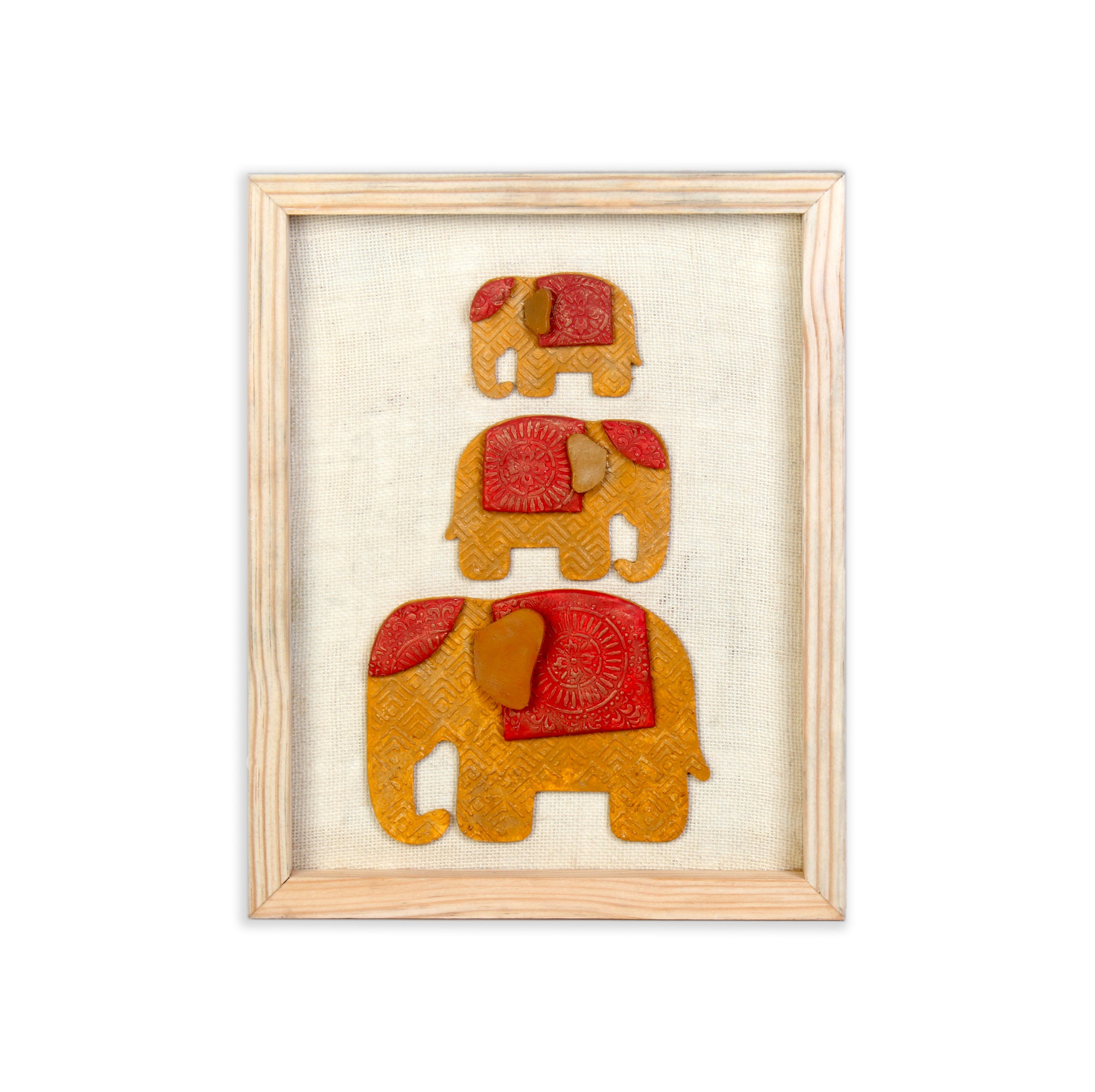 Wall Decor Handmade Majestic Elephant Yellow and Red with Wooden Frame Approx H14 X L11 X D0.66inch