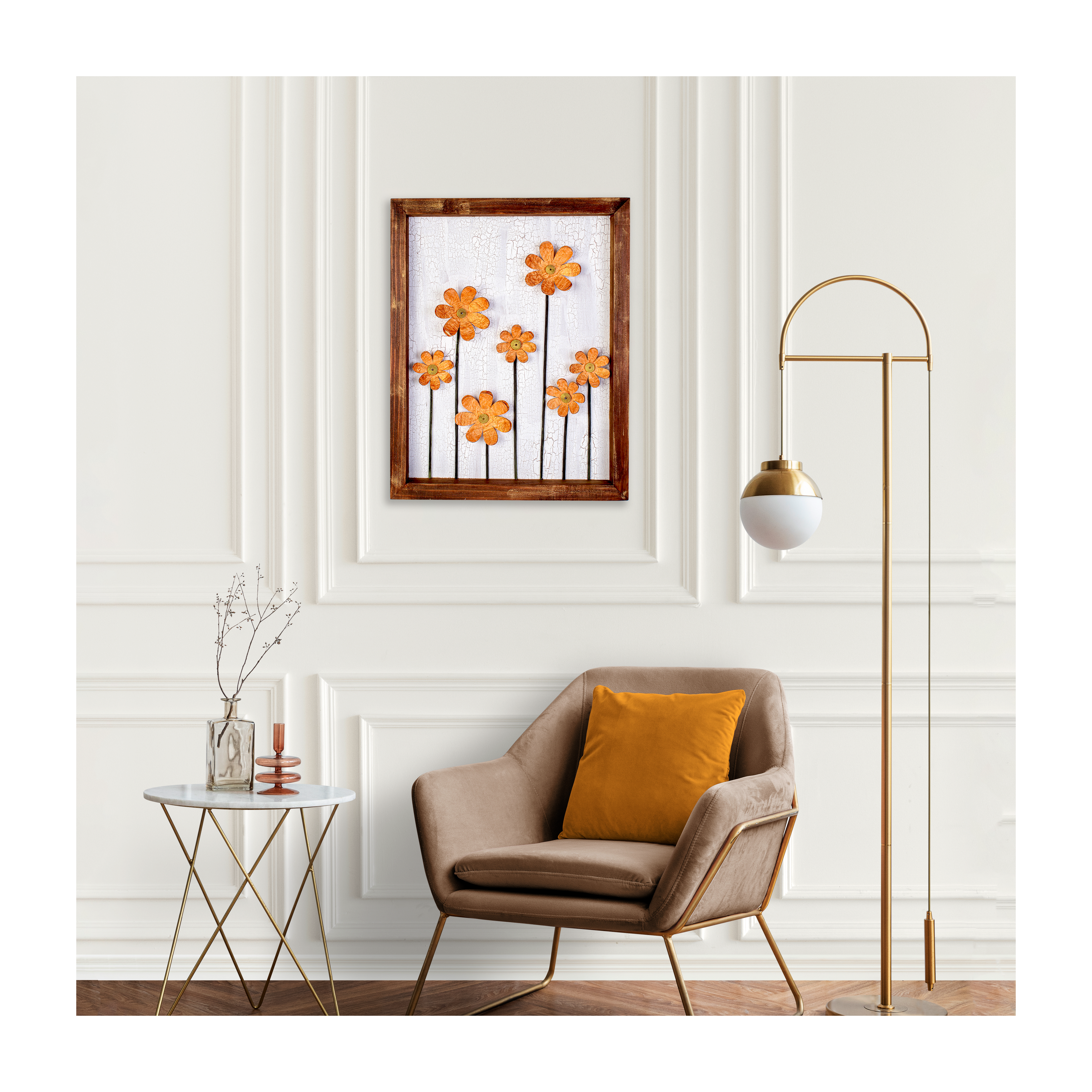 Wall Decor Handmade Daisy Field Orange 3D Floral Art with Metallic Effect Approx H14 X L11 X D0.98inch