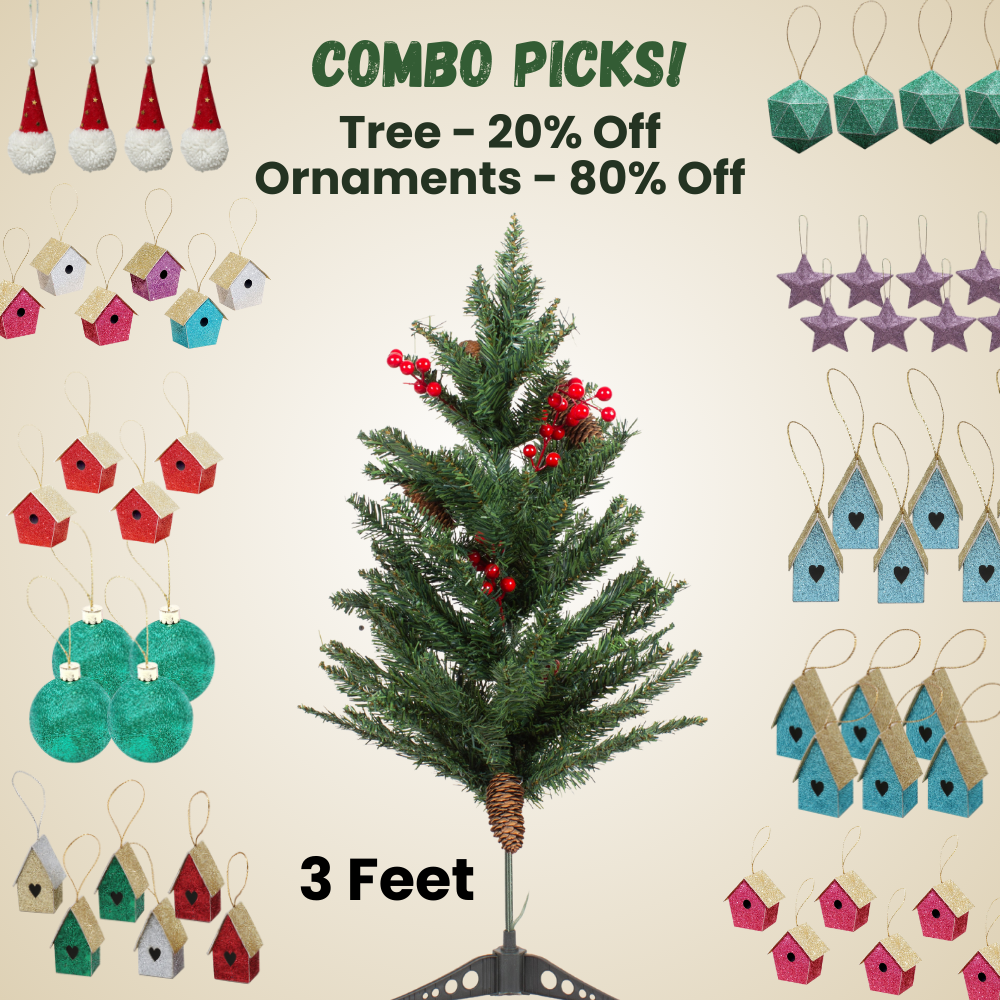 3 Feet - Premium Christmas Tree with Pine Cones & Red Berries (90cm) 1pc Box  (Ornaments Combo)