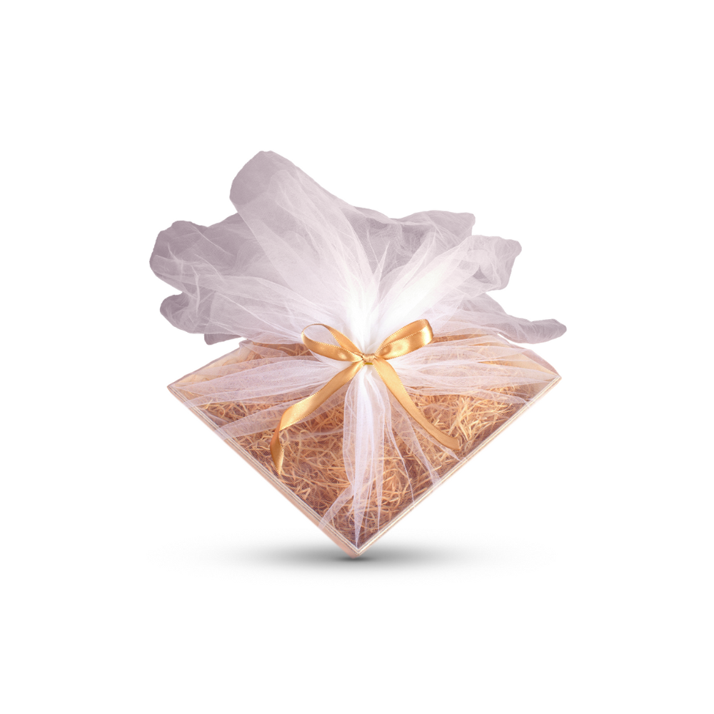 Birch Wood Angled Gifting Tray with Wood Wool, Net Fabric & Ribbon, L8in x W6in x H2in, 4mm Thick 1pc