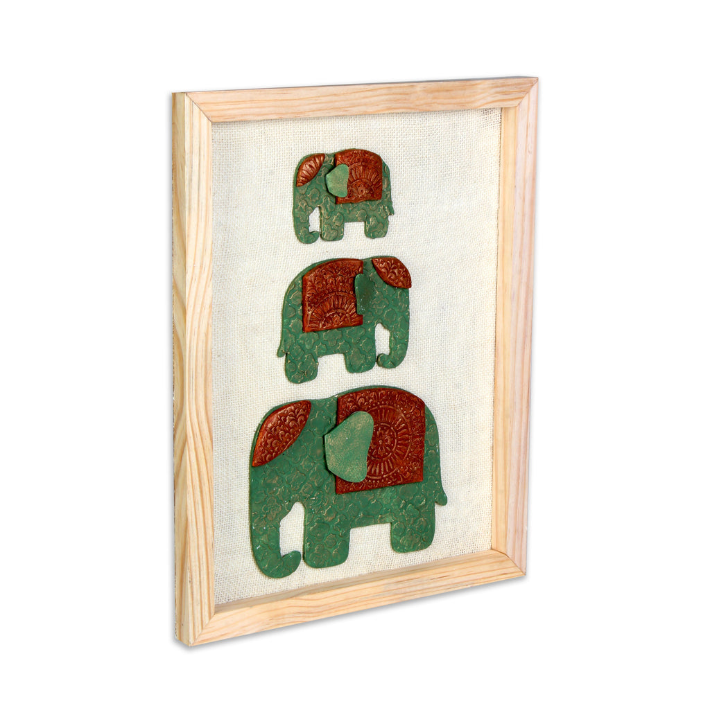 Wall Decor Handmade Majestic Elephant Green and Red with Wooden Frame Approx H14 X L11 X D0.66inch