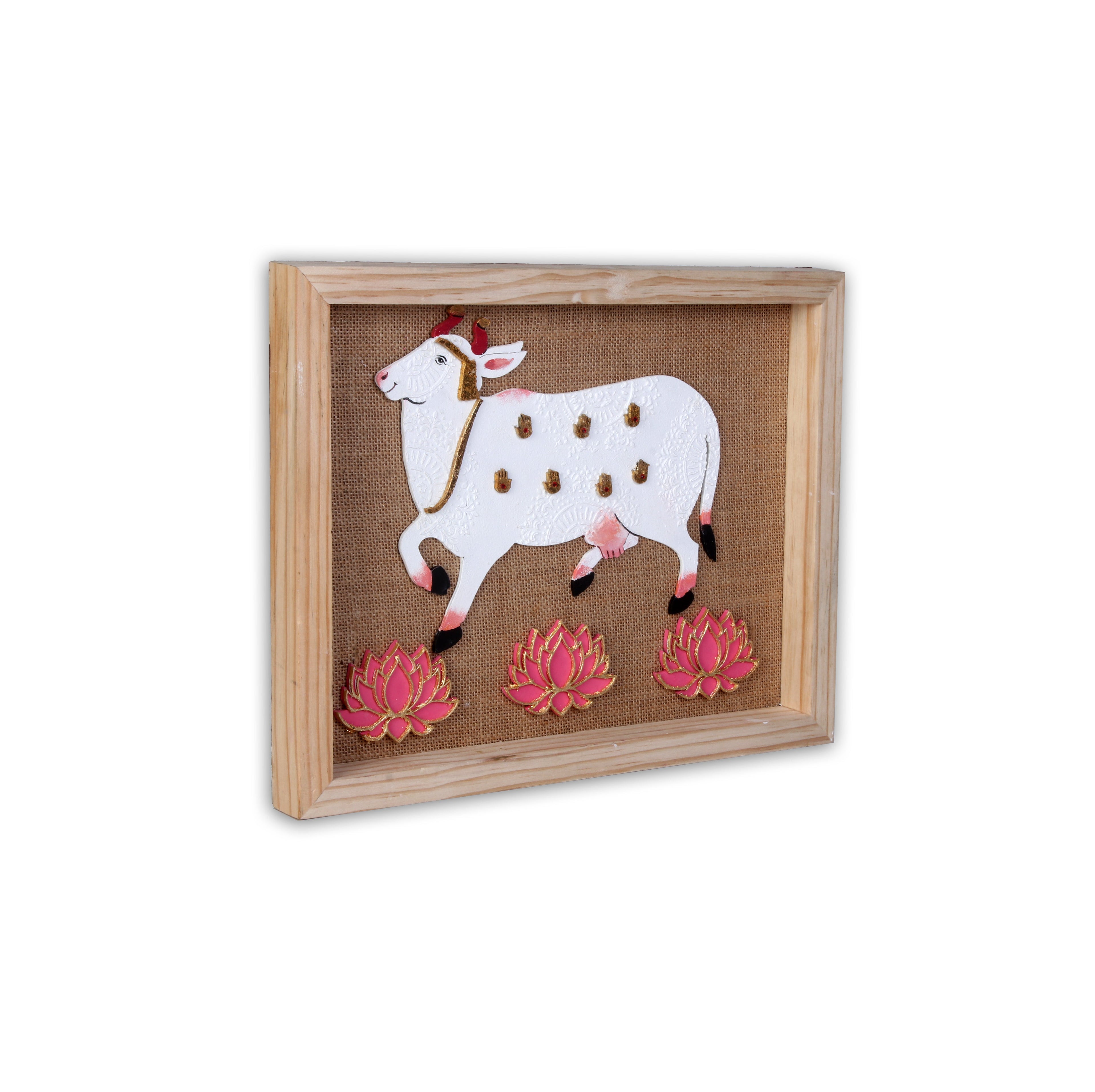 Wall Decor Pichwai Cow & Lotus with Wooden Frame Approx H14 X L11 X D0.66inch 1pc