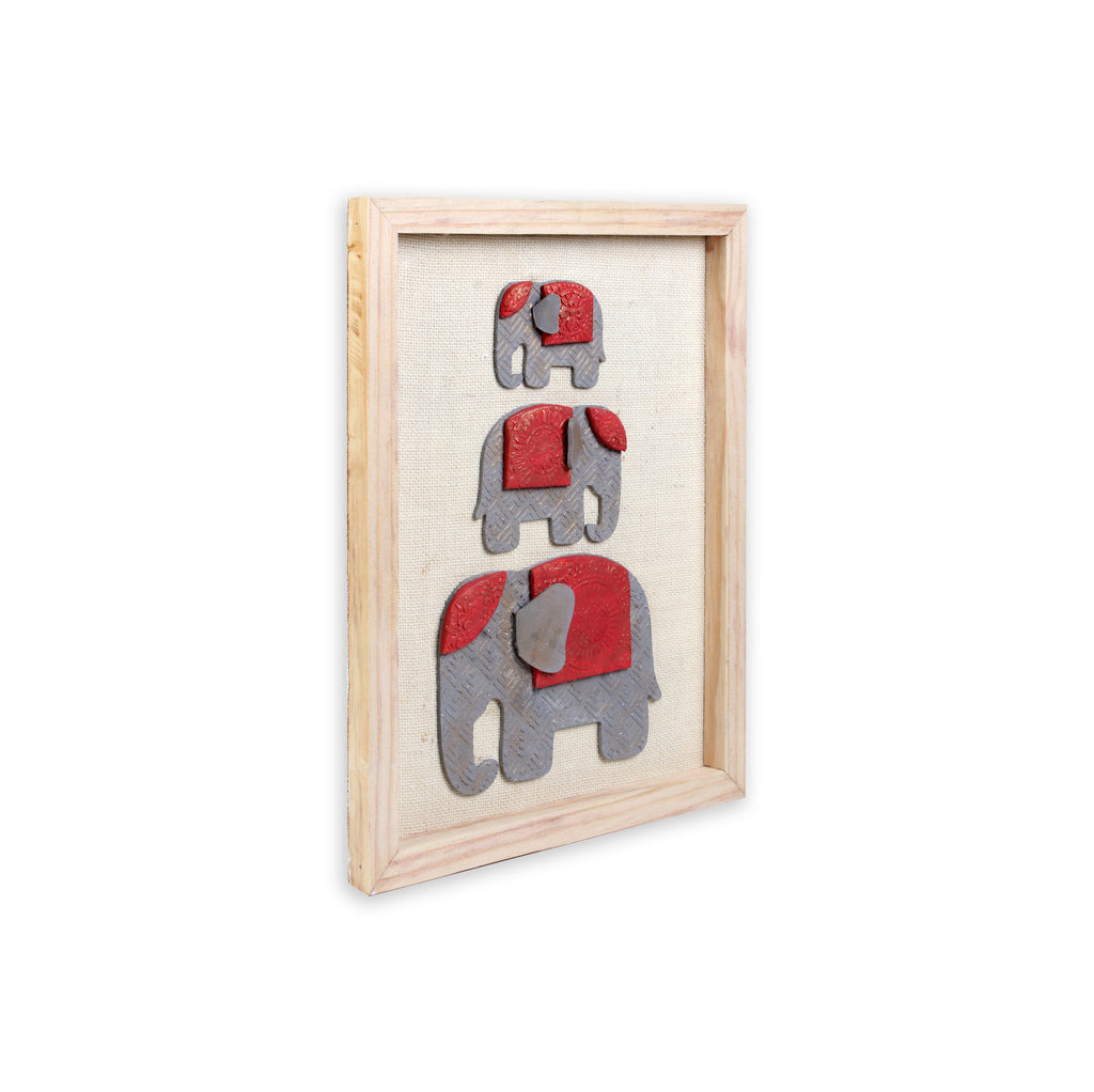 Wall Decor Hmade Majestic Elephant Grey and Red with Wooden Frame Approx H14 X L11 X D0.66inch 1pc