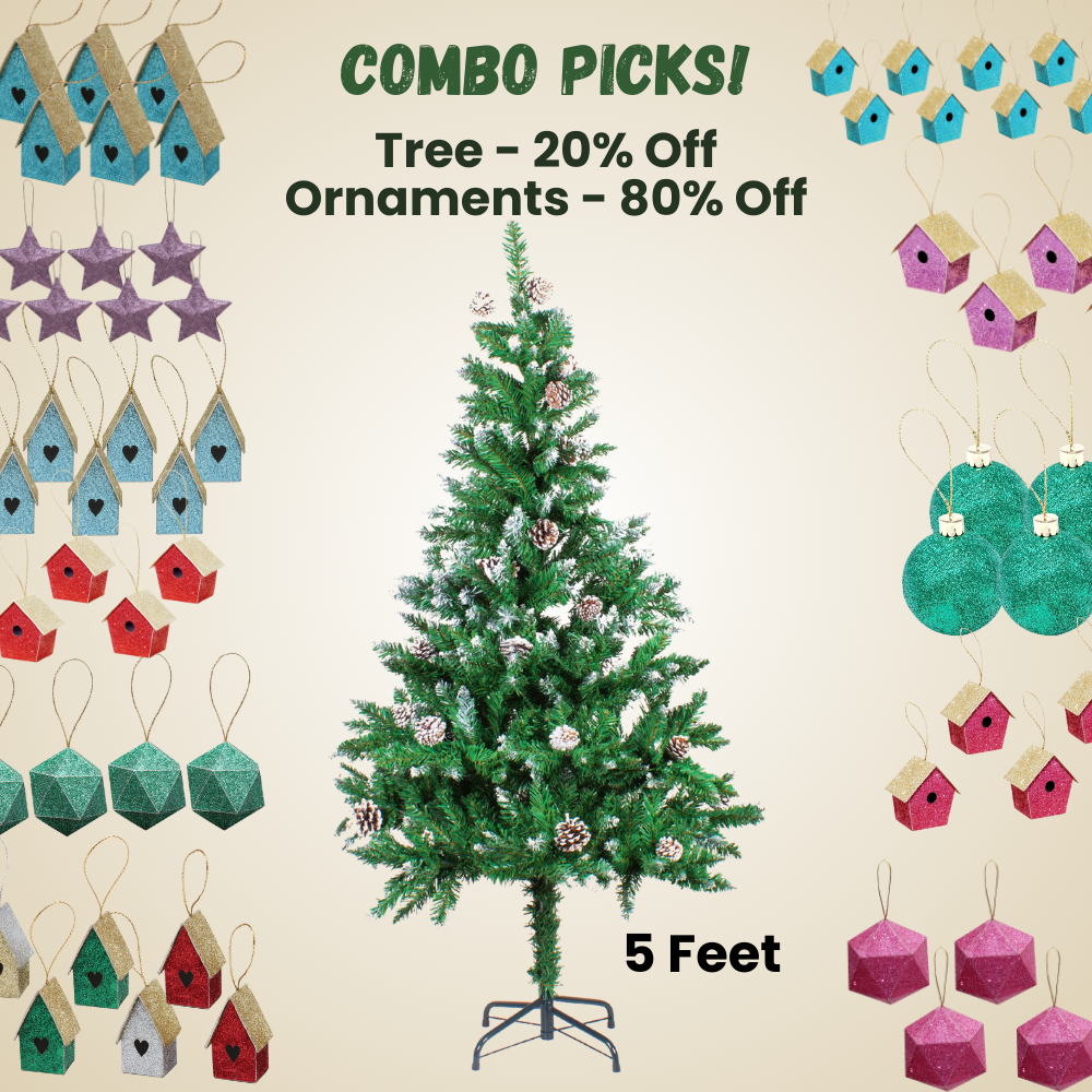 5 Feet - Frosted Christmas Tree with Metal Stand & Pine Cones (150cm) 1pc  (Ornaments Combo)