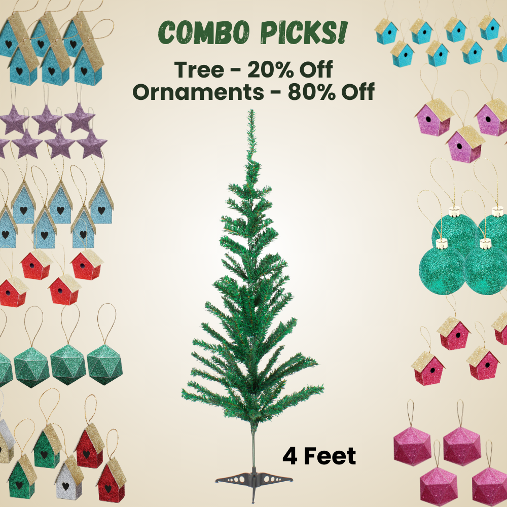 4 Feet - Christmas Festive Tree 100 Branches 1pc  (Ornaments Combo)
