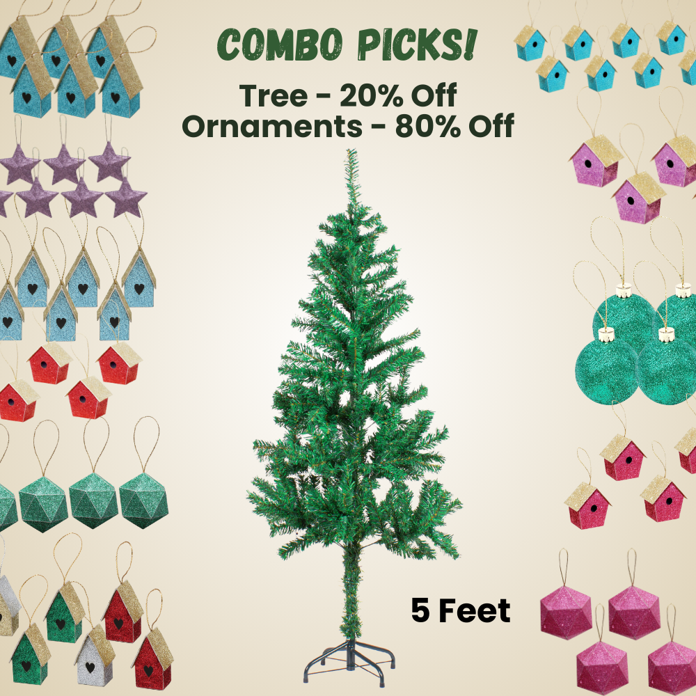 5 Feet - Christmas Festive Tree with Metal Stand 280 Branches (150cm) 1pc  (Ornaments Combo)