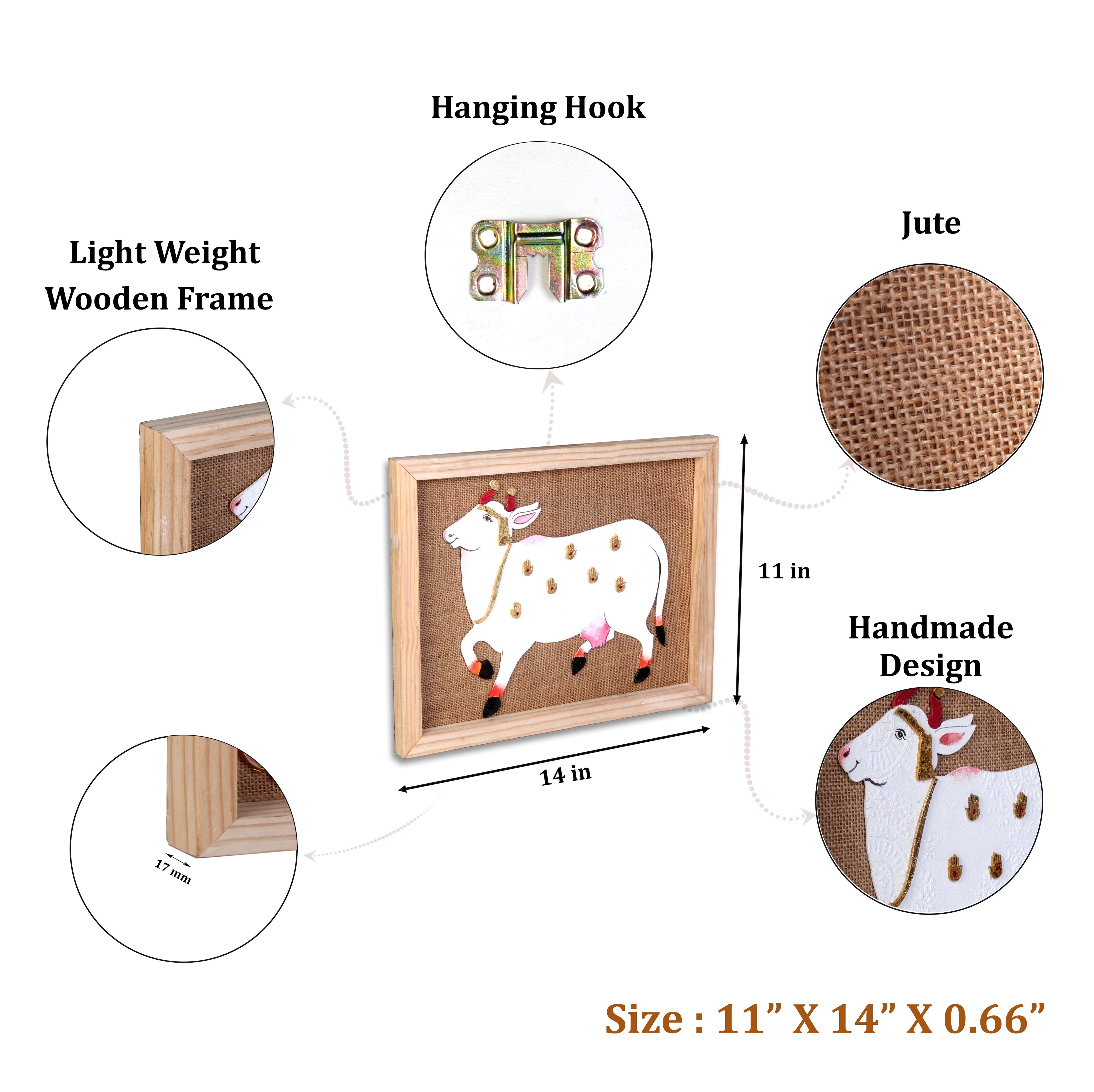 Wall Decor Pichwai with Wooden Frame Approx H14 X L11 X D0.66inch 1pc