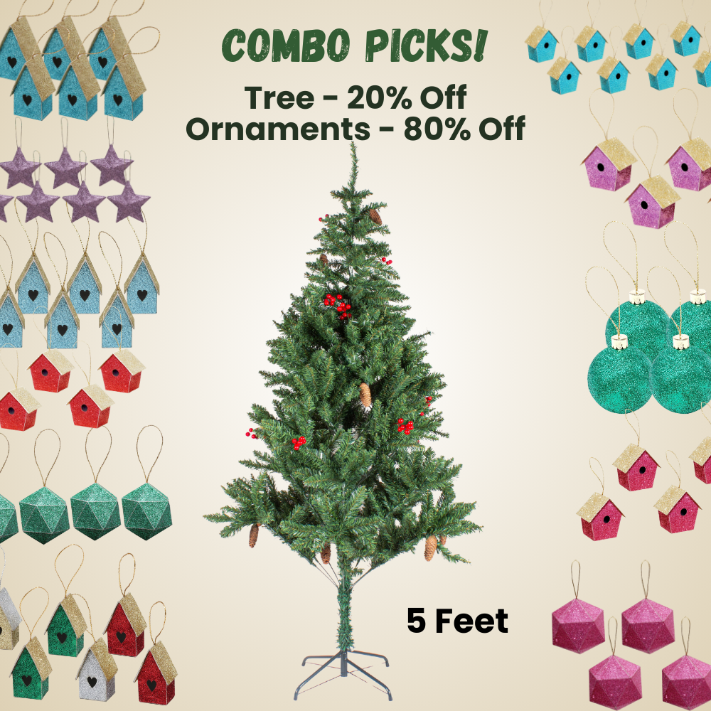 5 Feet - Christmas Premium Tree with Metal Stand Pine Cones & Red Berries 1pc Box  (Ornaments Combo)