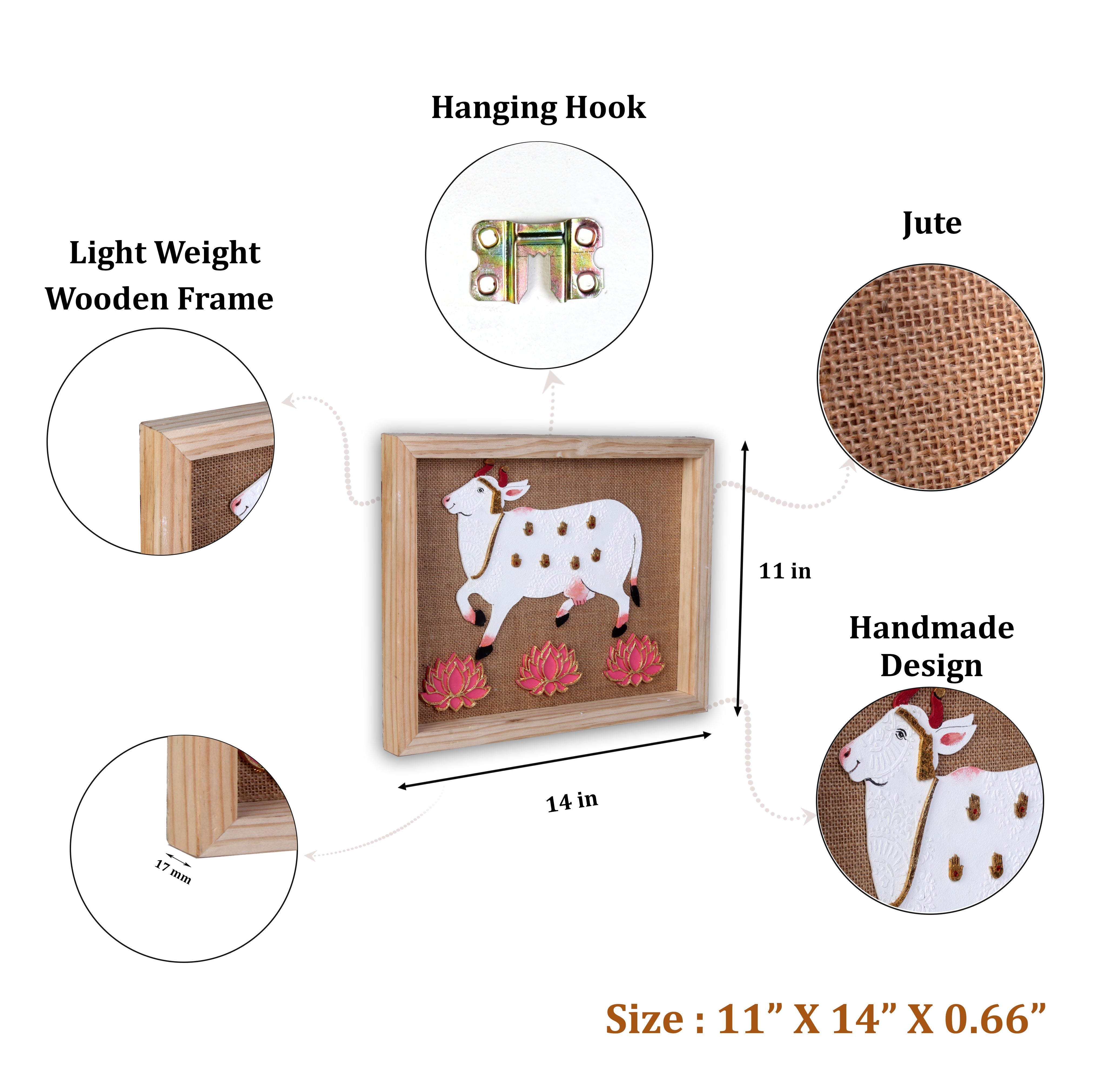 Wall Decor Pichwai Cow & Lotus with Wooden Frame Approx H14 X L11 X D0.66inch 1pc