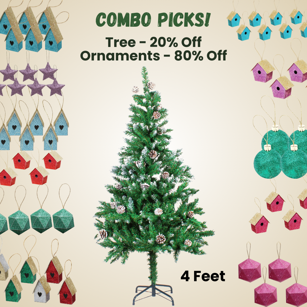 4 Feet - Frosted Christmas Tree with Metal Stand & Pine Cones 1pc  (Ornaments Combo)