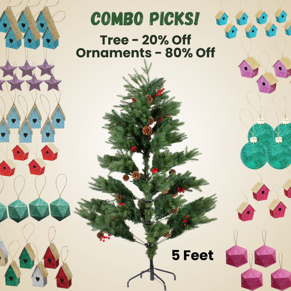5 Feet - Christmas Deluxe Realistic Tree with Metal Stand Pine Cones & Red Berries (150cm) 1pc  (Ornaments Combo)