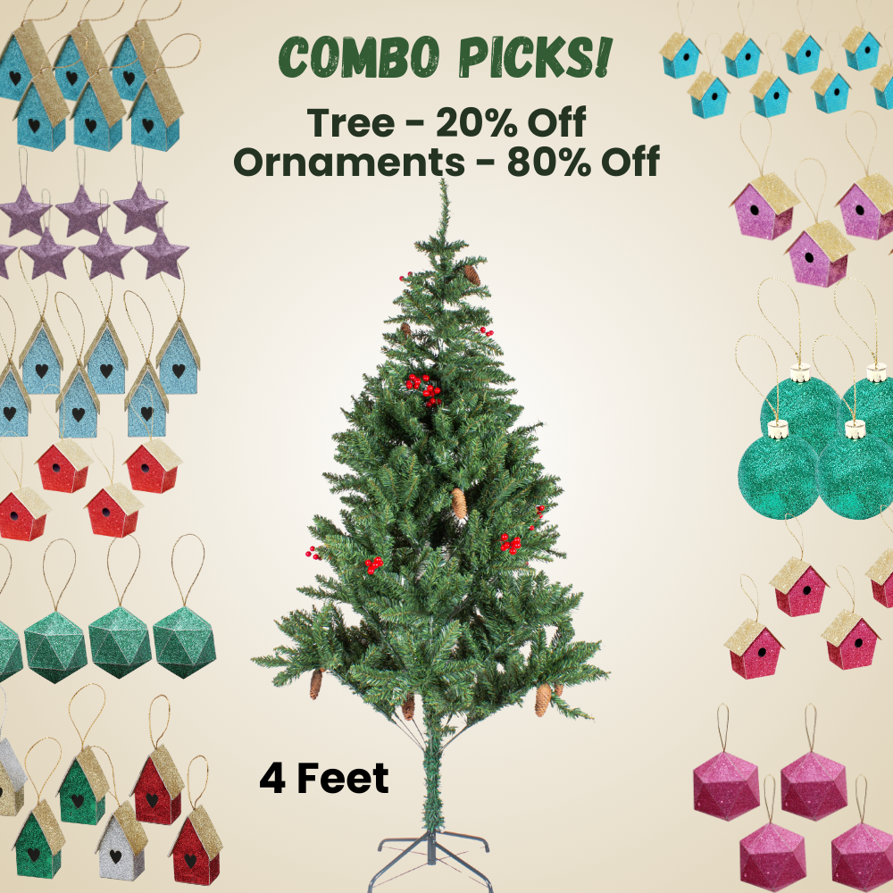 4 Feet - Christmas Premium Tree with Metal Stand Pine Cones & Red Berries 1pc  (Ornaments Combo)