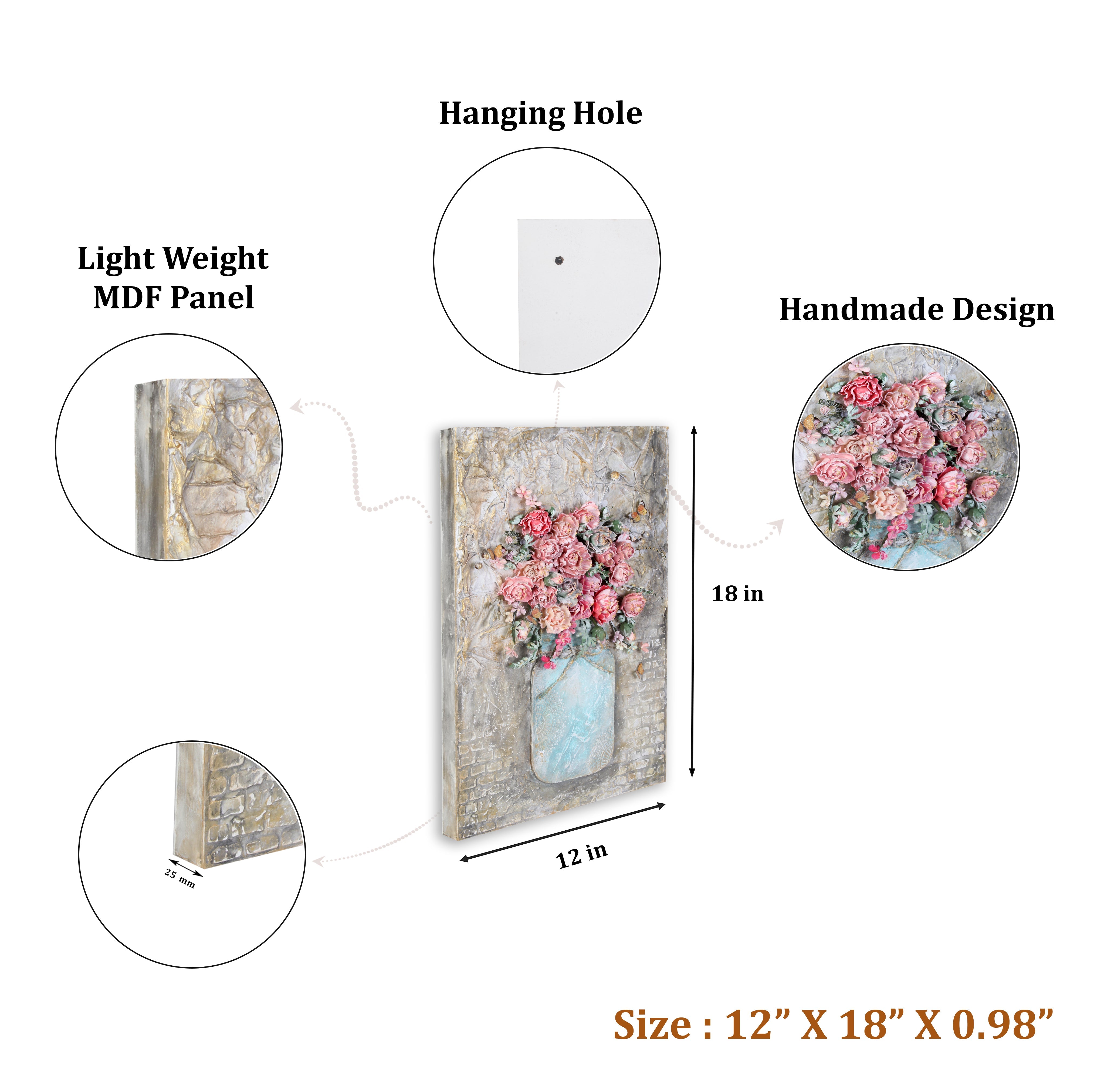 Wall Decor Mixed Media Flower Vase Approx H18 X L12 X D0.98inch 1pc