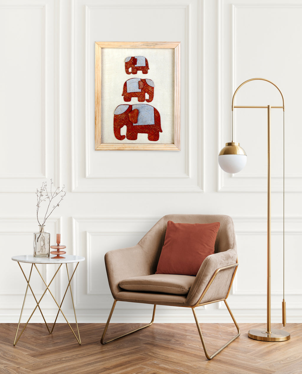 Wall Decor Handmade Majestic Elephant Red and white with Wooden Frame Approx H14 X L11 X D0.66inch