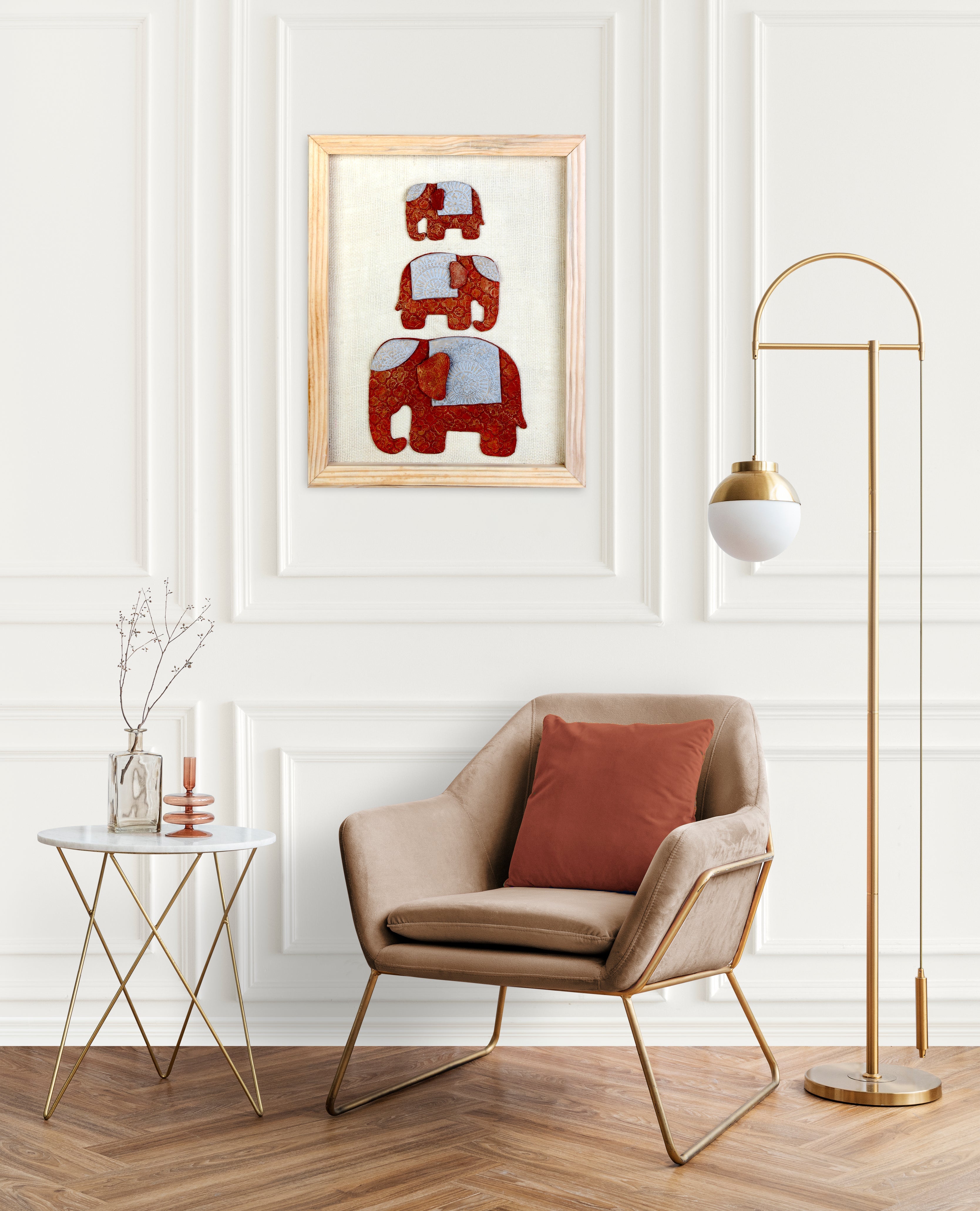Wall Decor Handmade Majestic Elephant Red and white with Wooden Frame Approx H14 X L11 X D0.66inch