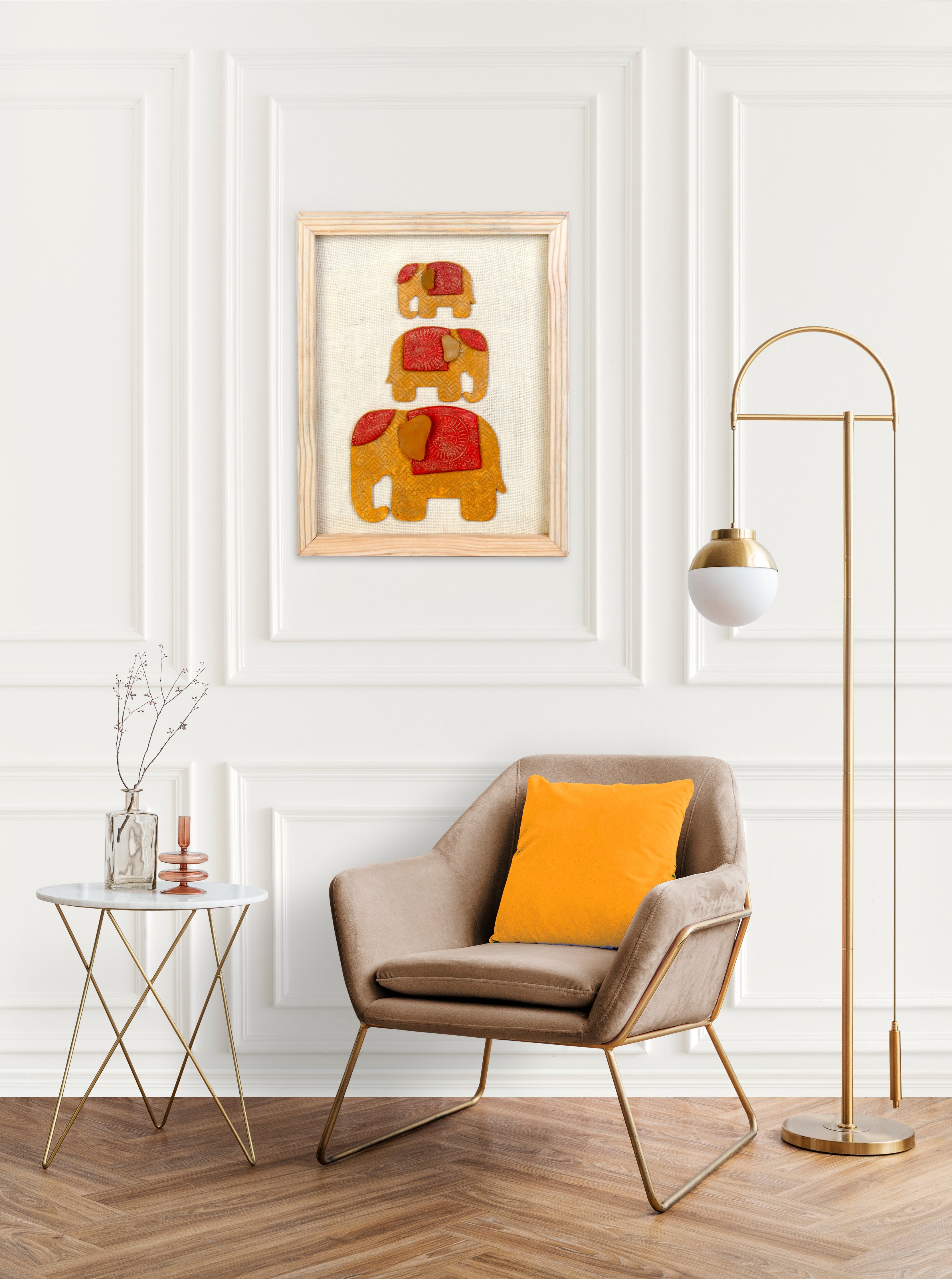 Wall Decor Handmade Majestic Elephant Yellow and Red with Wooden Frame Approx H14 X L11 X D0.66inch