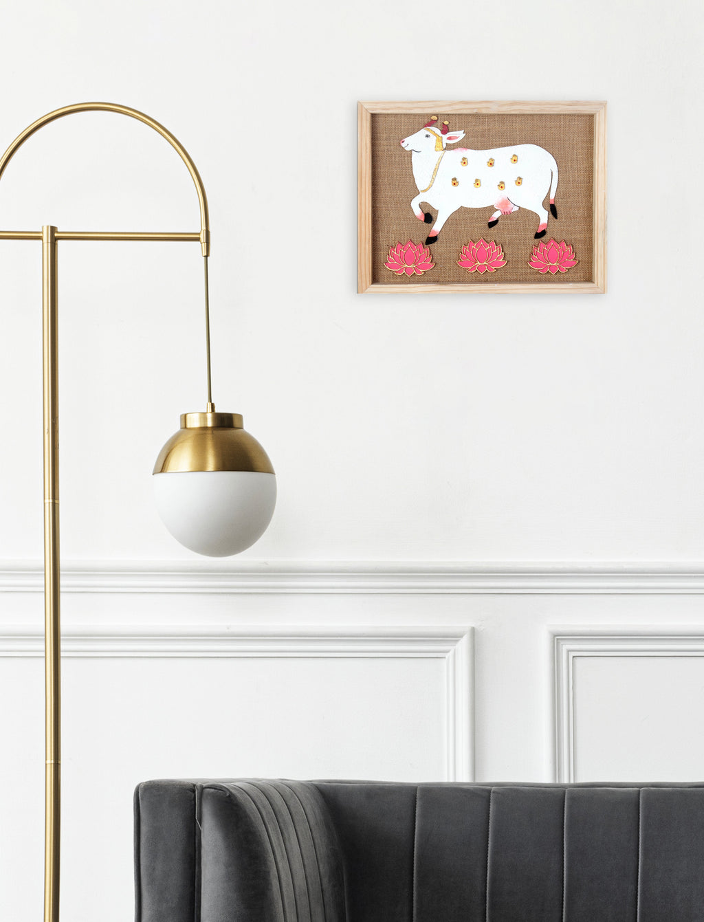 Wall Decor Pichwai Cow & Lotus with Wooden Frame Approx H14 X L11 X D0.66inch 1pc