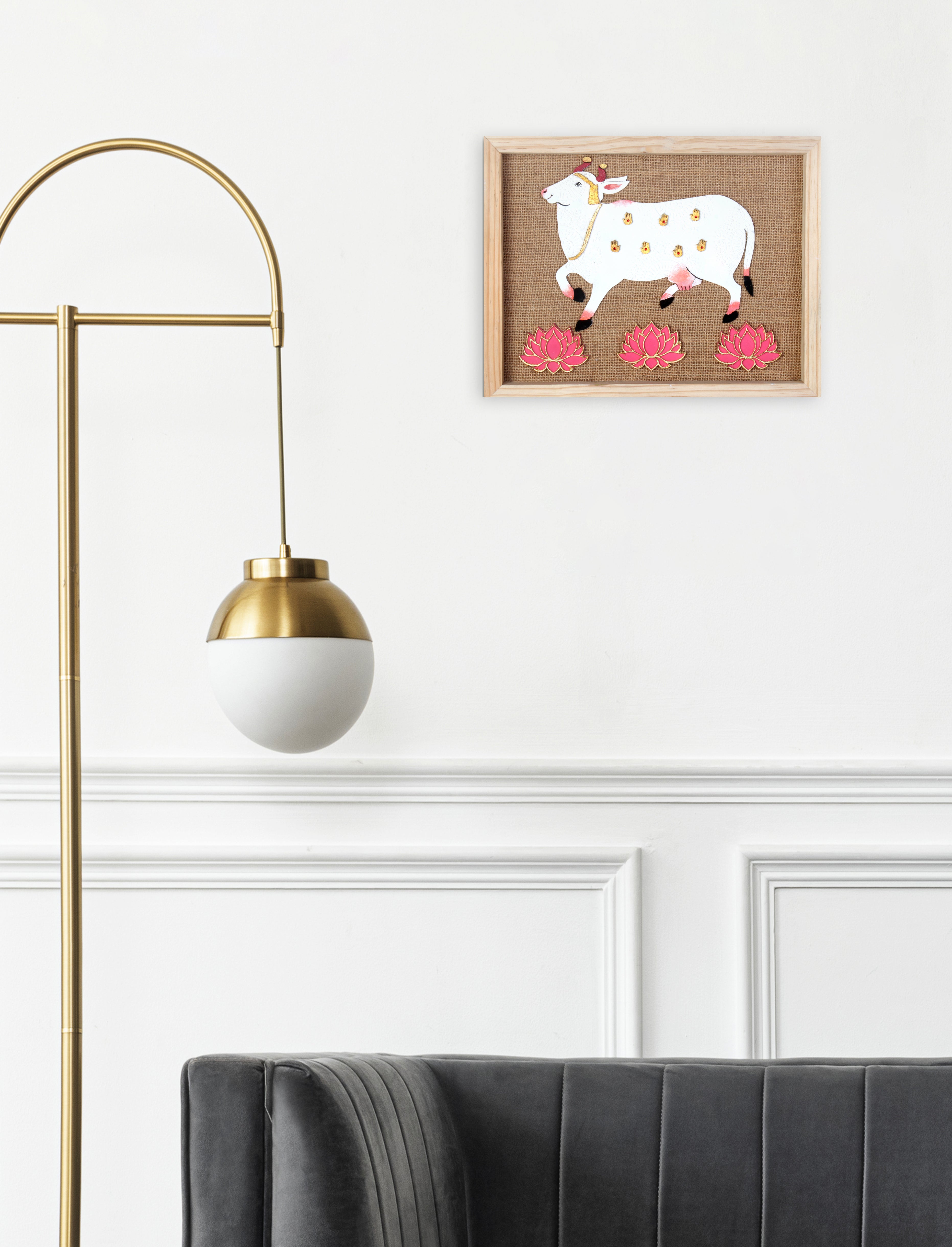 Wall Decor Pichwai Cow & Lotus with Wooden Frame Approx H14 X L11 X D0.66inch 1pc