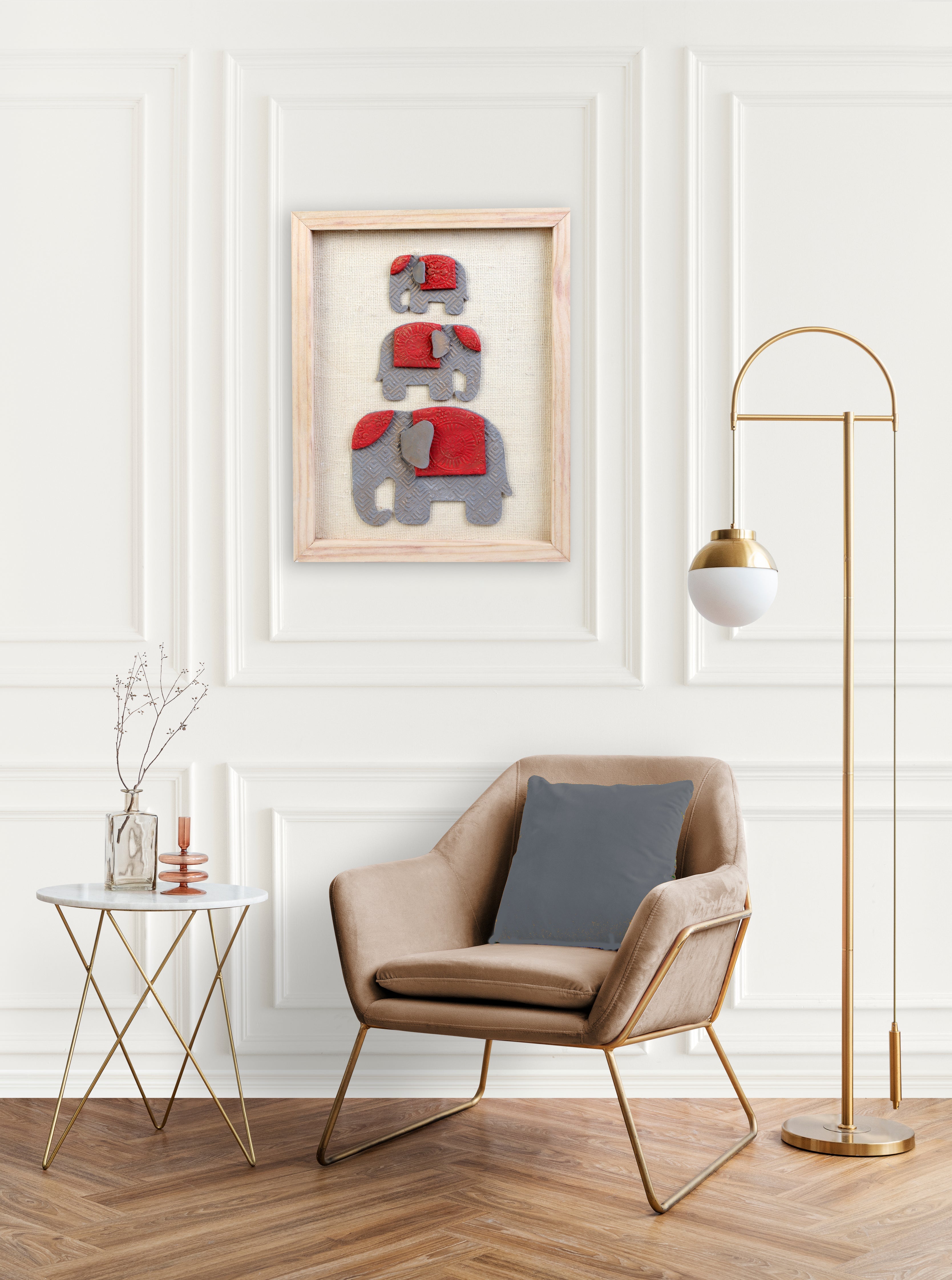 Wall Decor Hmade Majestic Elephant Grey and Red with Wooden Frame Approx H14 X L11 X D0.66inch 1pc
