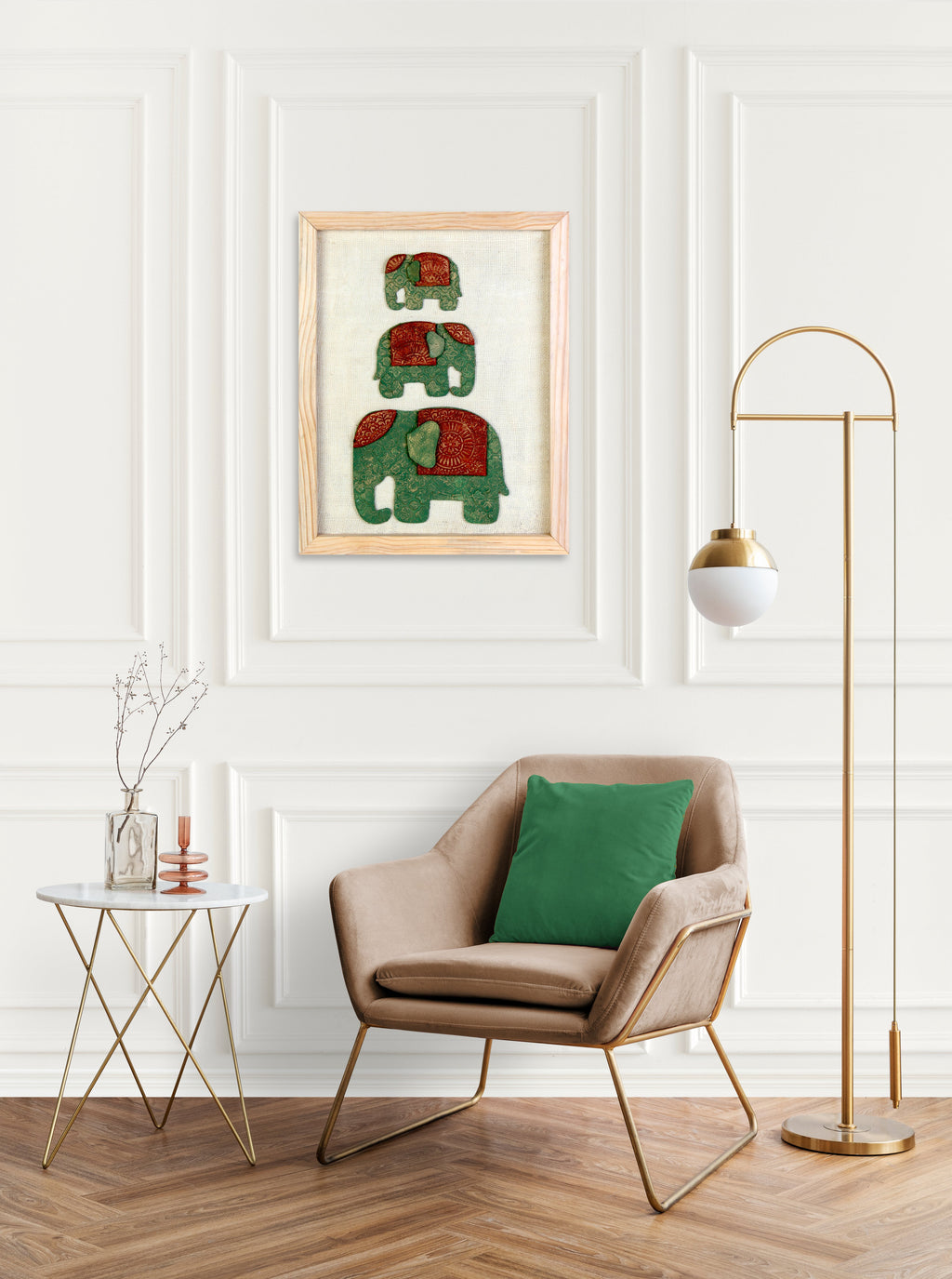 Wall Decor Handmade Majestic Elephant Green and Red with Wooden Frame Approx H14 X L11 X D0.66inch