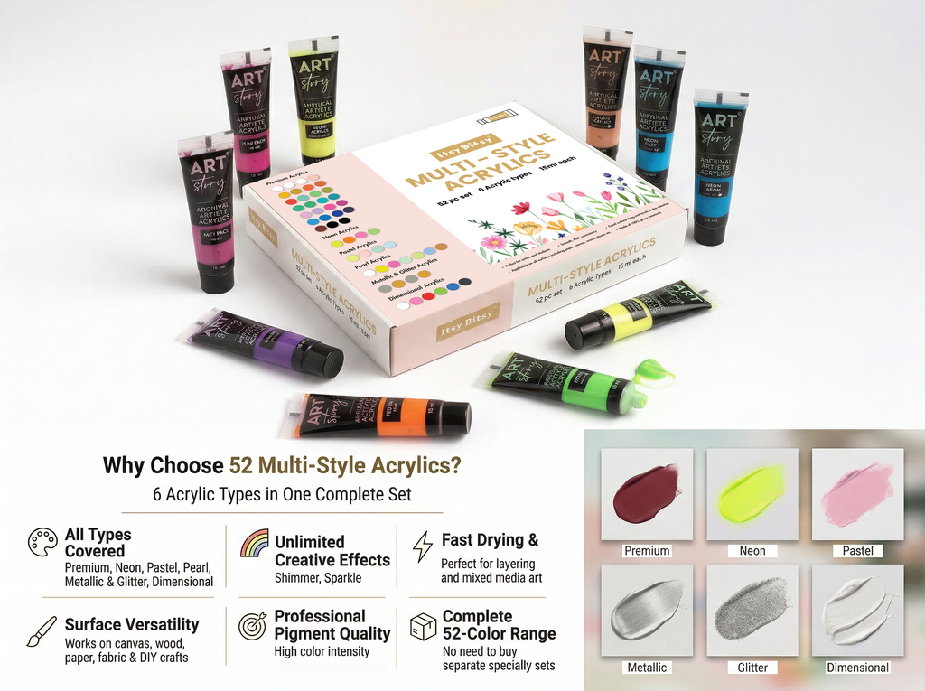 Multi Style Acrylics Set 52 Colors X 15ml each Box