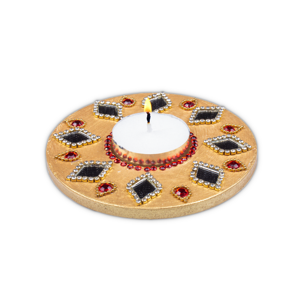 Mirror Work Tealight Holder Diamond Jewel Gold 4in Dia 5.5mm Thick 1pc ( Candle Included 1pc)