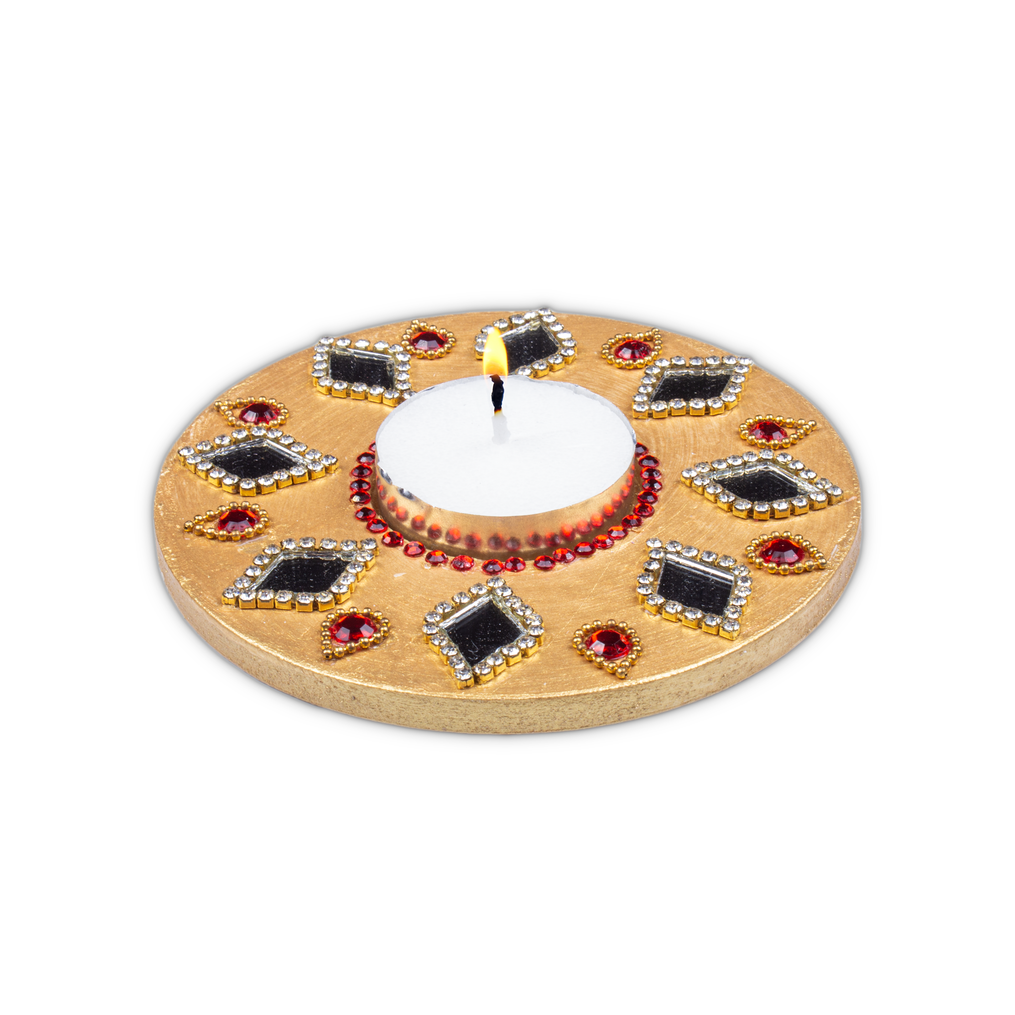 Mirror Work Tealight Holder Diamond Jewel Gold 4in Dia 5.5mm Thick 1pc ( Candle Included 1pc)