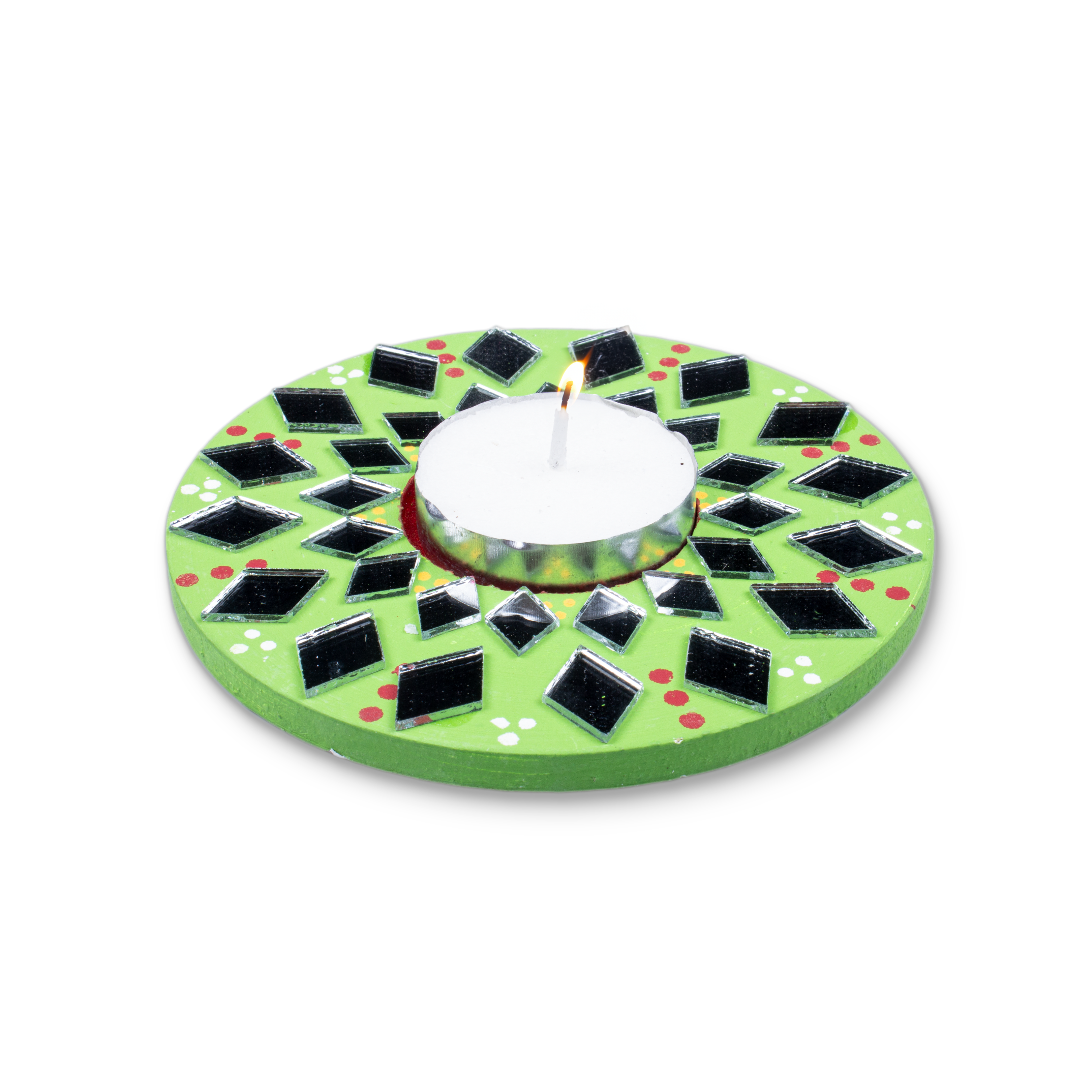 Mirror Work Tealight Holder Diamond Delight Green 4in Dia 5.5mm Thick 1pc ( Candle Included 1pc)