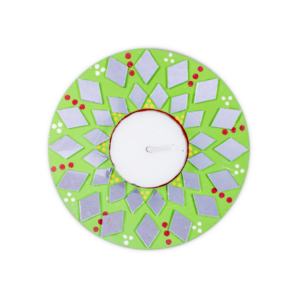 Mirror Work Tealight Holder Diamond Delight Green 4in Dia 5.5mm Thick 1pc ( Candle Included 1pc)
