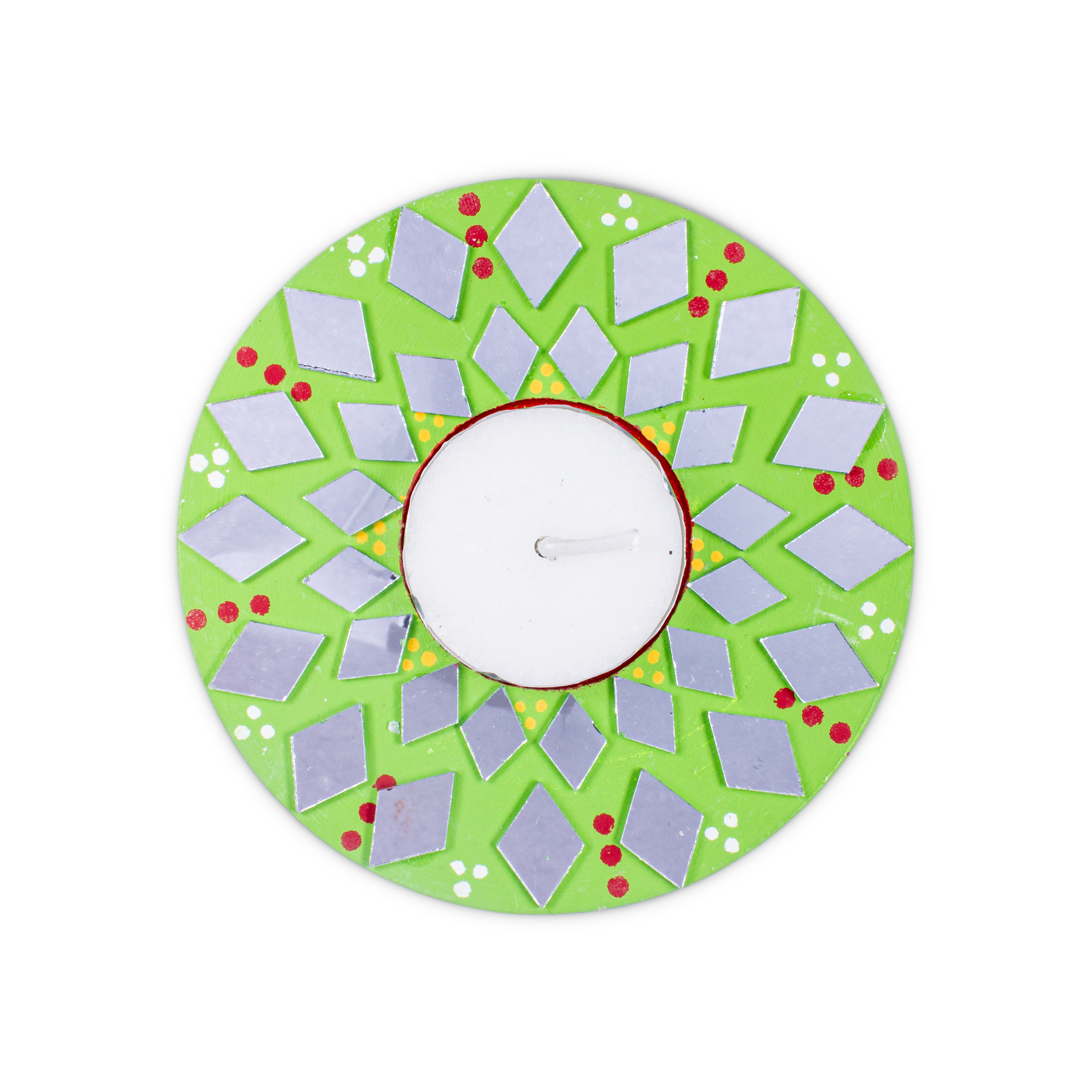 Mirror Work Tealight Holder Diamond Delight Green 4in Dia 5.5mm Thick 1pc ( Candle Included 1pc)