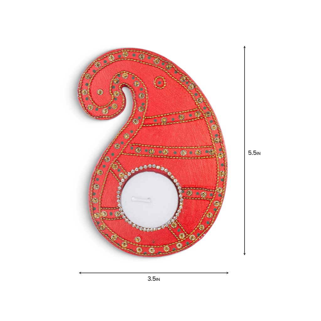 Tealight Holder Paisley Charm Red Approx 5.5 X 3.5inch 4mm Thick 2pc ( Candle Included 1pc)