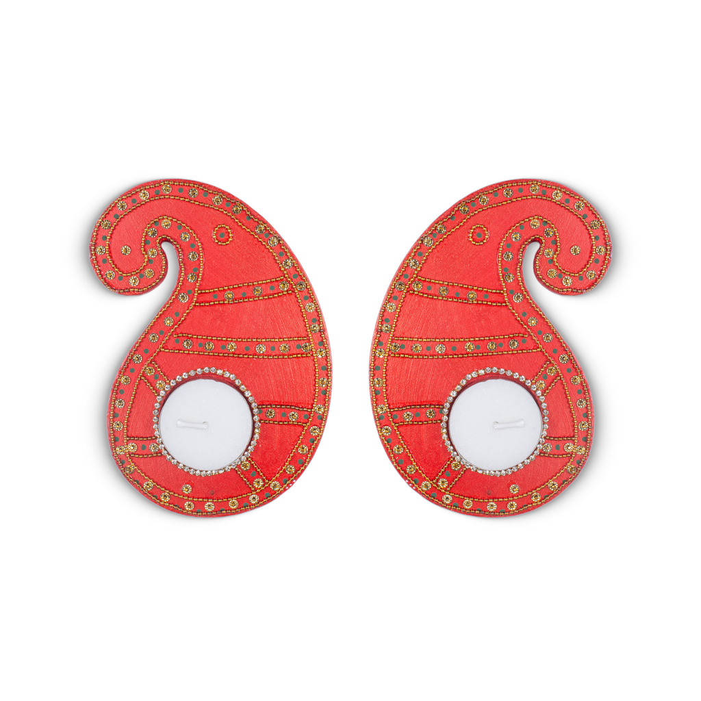 Tealight Holder Paisley Charm Red Approx 5.5 X 3.5inch 4mm Thick 2pc ( Candle Included 1pc)