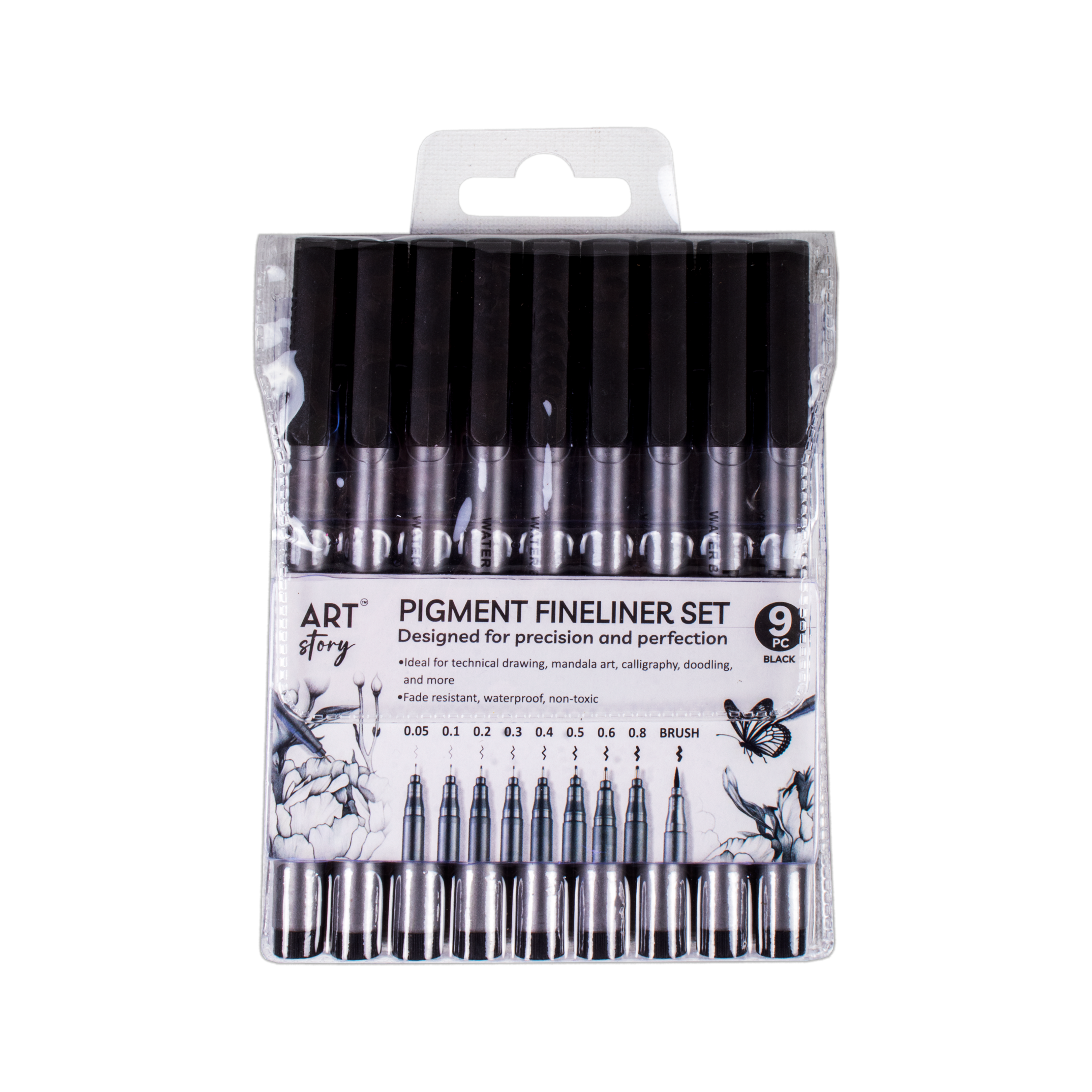 Pigment Fineliner Water Based Black 0.05/0.1/0.2/0.3/0.4/0.5/0.6/0.8mm Brush Tip Pack Of 9pc