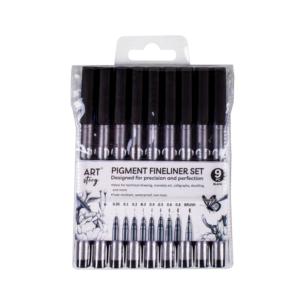 Pigment Fineliner Water Based Black 0.05/0.1/0.2/0.3/0.4/0.5/0.6/0.8mm Brush Tip Pack Of 9pc