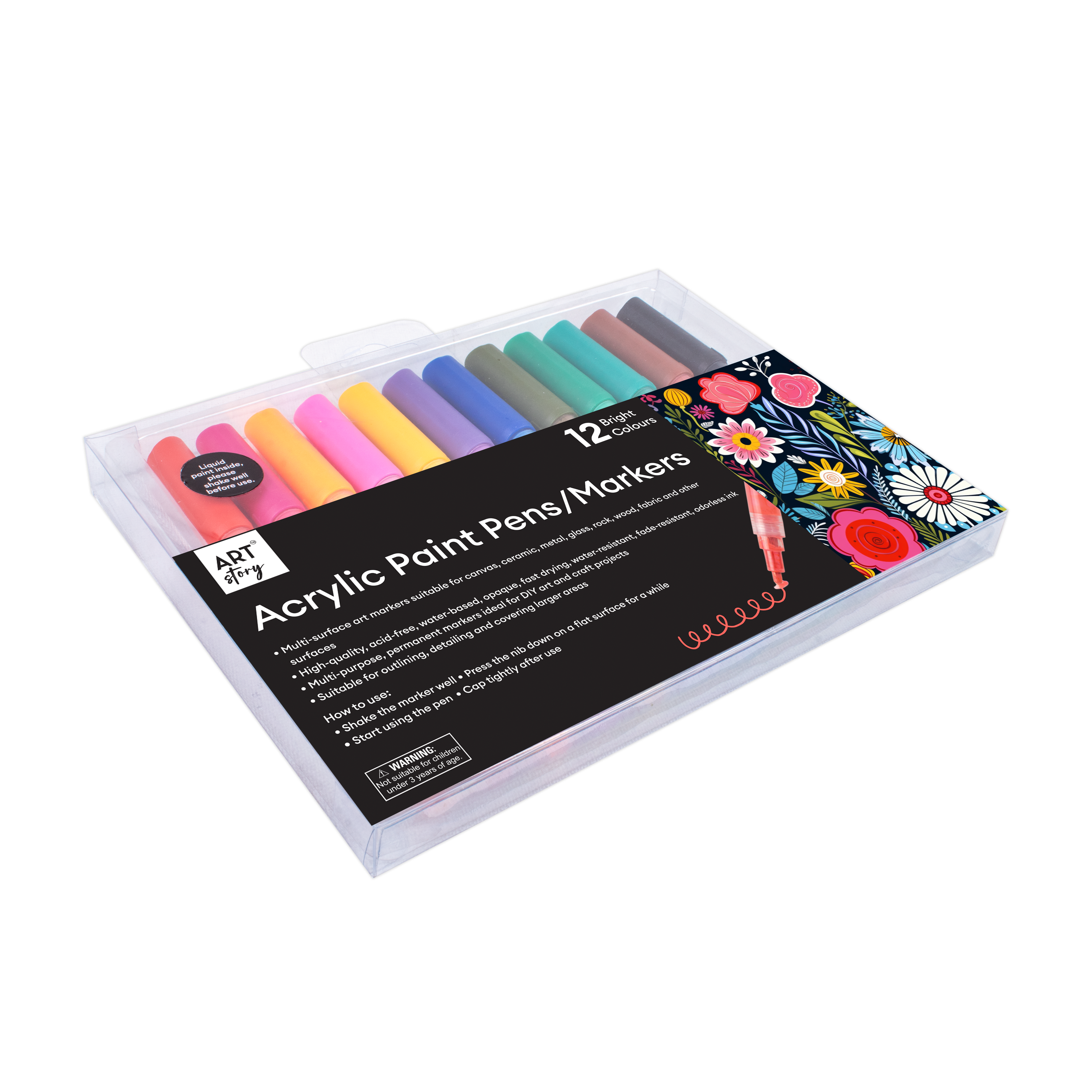 Acrylic Paint Marker Pen Water Based Bright 1mm Tip Pack Of 12 Colours Blister