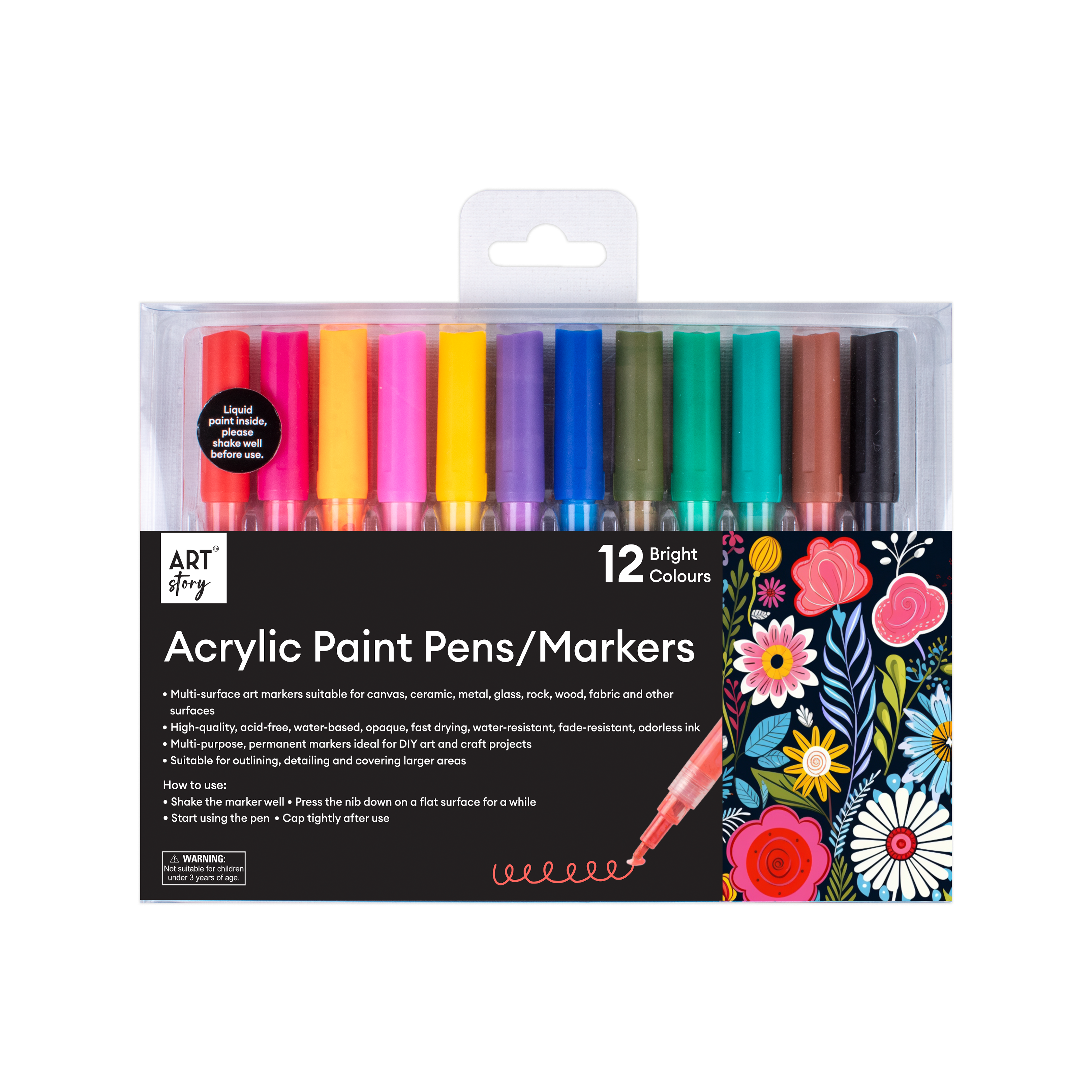 Acrylic Paint Marker Pen Water Based Bright 1mm Tip Pack Of 12 Colours Blister