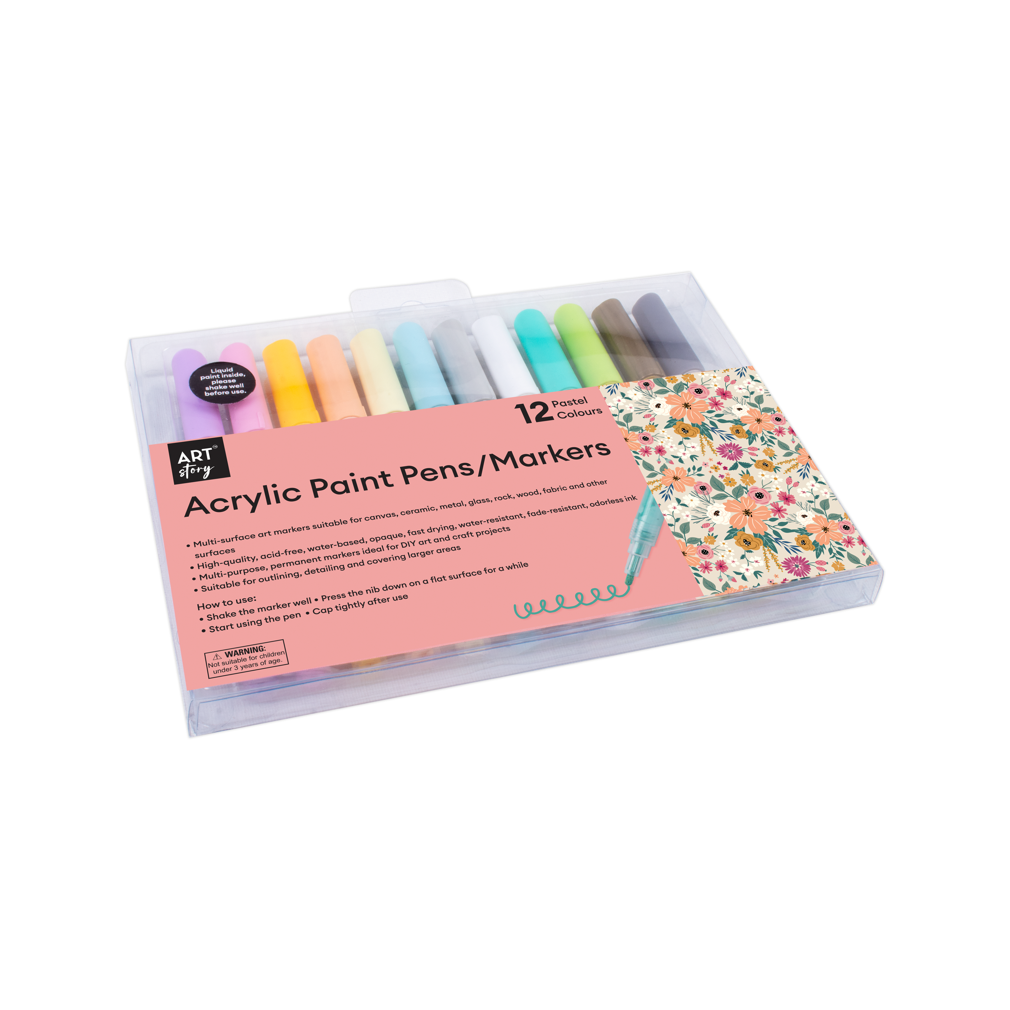 Acrylic Paint Marker Pen Water Based Pastel 1mm Tip Pack Of 12 Colours Blister