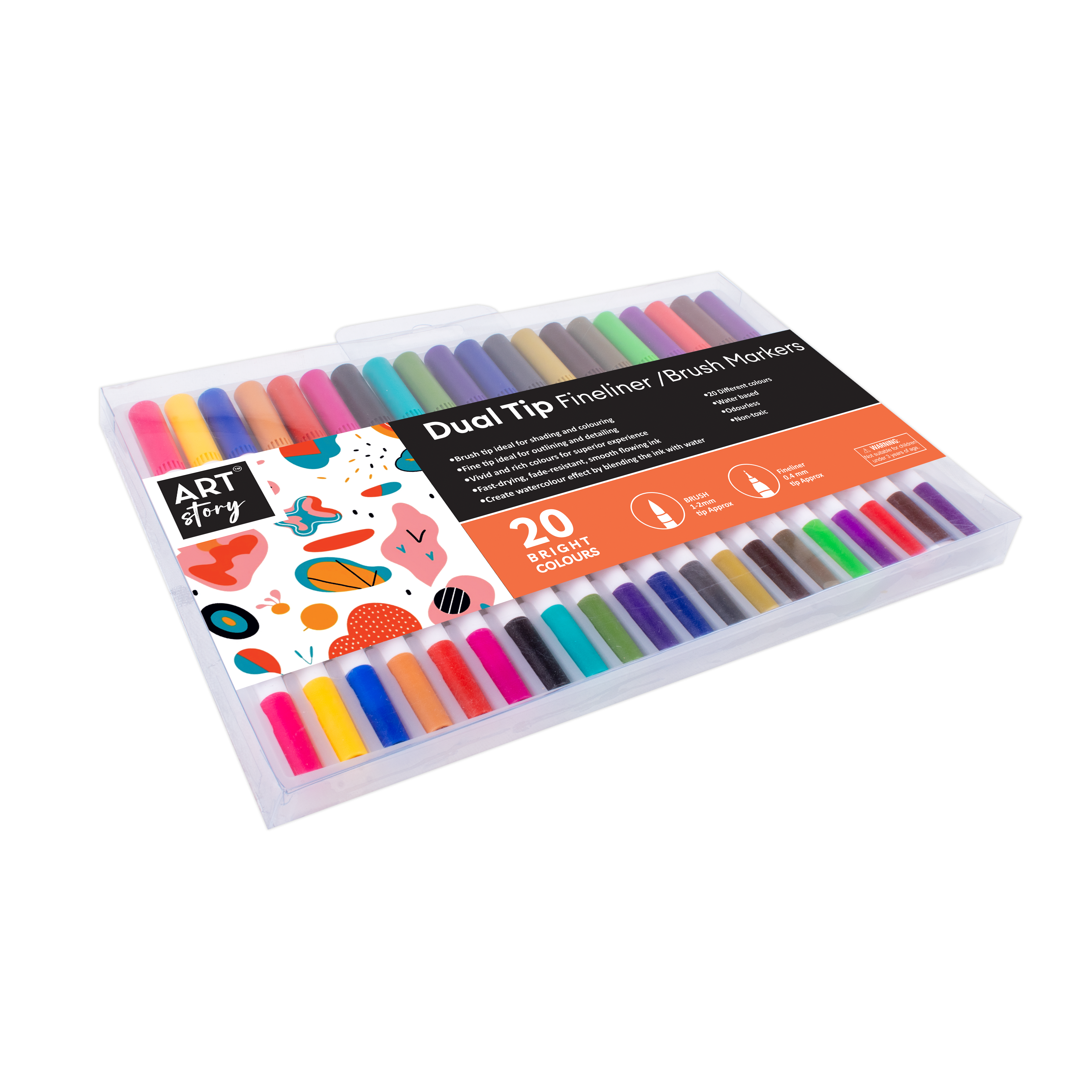 Dual Tip Fineliner/Brush Markers Water Based Bright Brush 1-2mm Fineliner 0.4mm Tip Approx Pack Of 20pc Blister