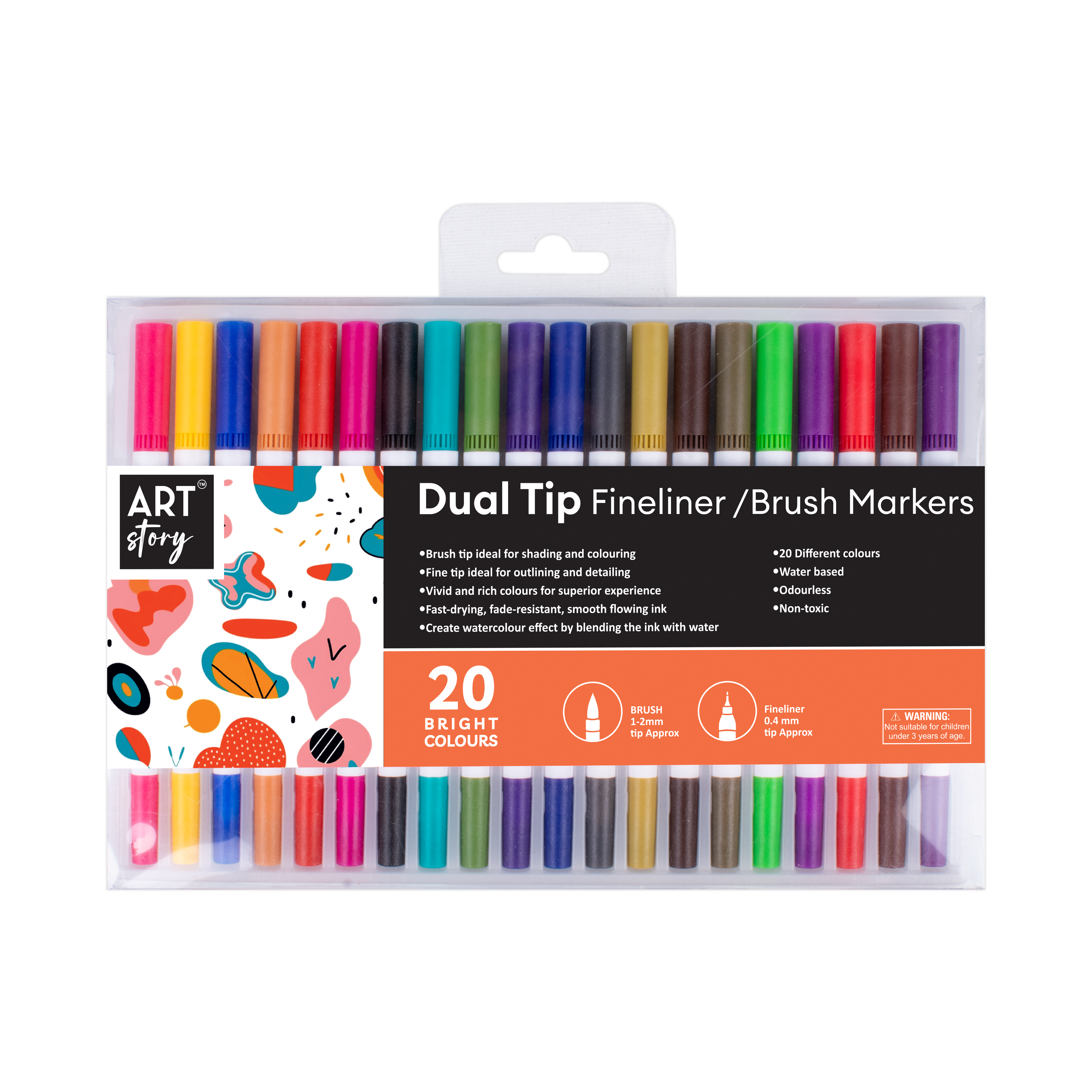 Dual Tip Fineliner/Brush Markers Water Based Bright Brush 1-2mm Fineliner 0.4mm Tip Approx Pack Of 20pc Blister