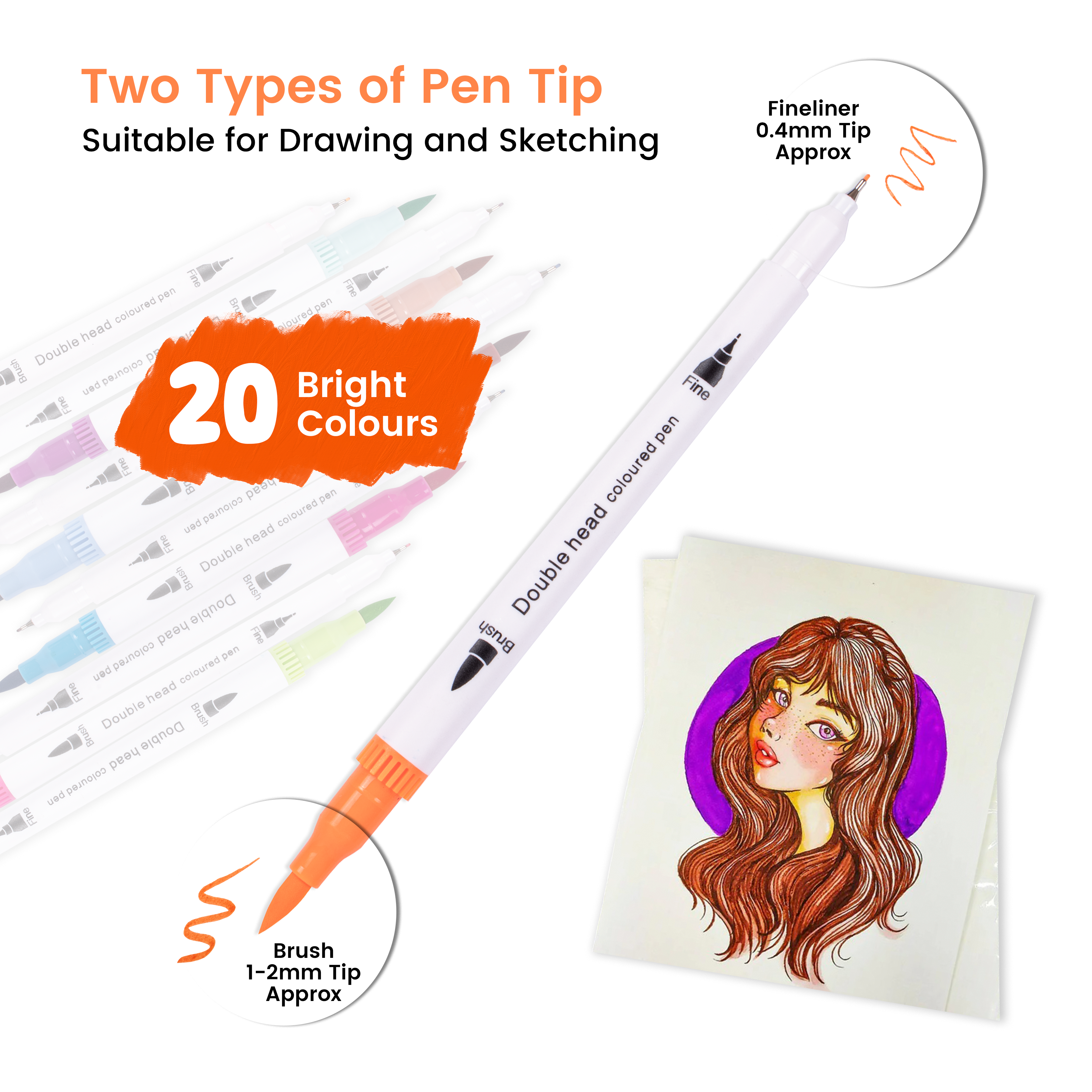 Dual Tip Fineliner/Brush Markers Water Based Pastel Brush 1-2mm Fineliner 0.4mm Tip Approx Pack Of 20pc Blister