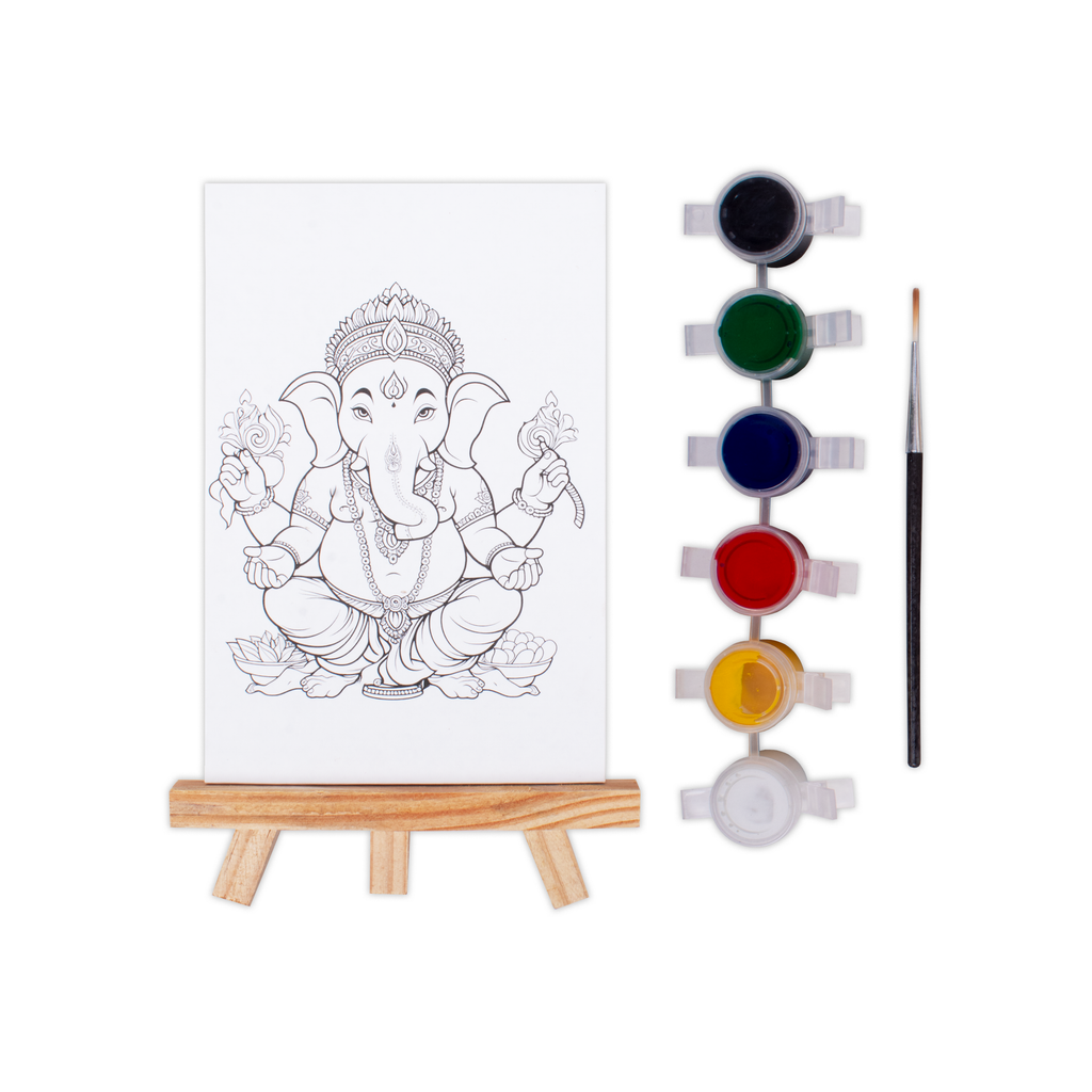 Paintable Pre-Printed Panel with Easel & Paints - Ganesha, Approx 4in x 6in, Easel size 11cm, 1pc