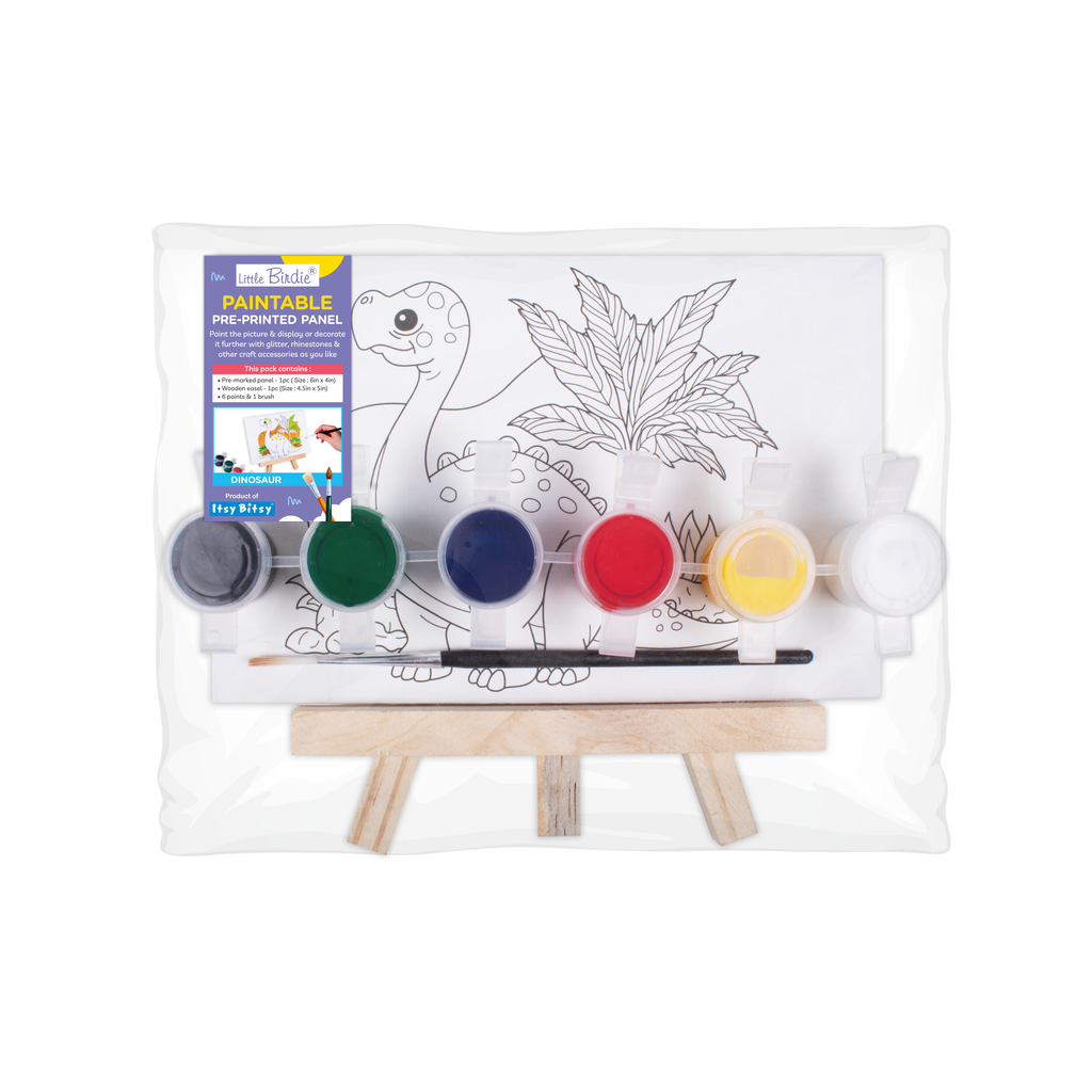 Paintable Pre-Printed Panel with Easel & Paints- Dinosaur, Approx 4in x 6in, Easel size 11cm, 1pc