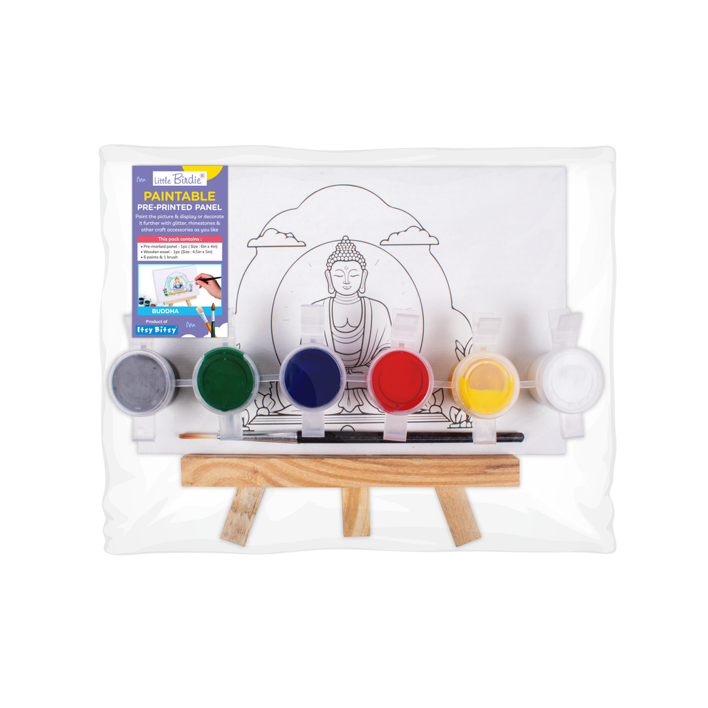 Paintable Pre-Printed Panel with Easel & Paints - Buddha, Approx 4in x 6in, Easel size 11cm, 1pc