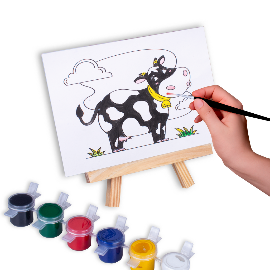 Paintable Pre-printed Panel with Easel & Paints - Cow, Approx 4in x 6in, Easel size 11cm, 1pc
